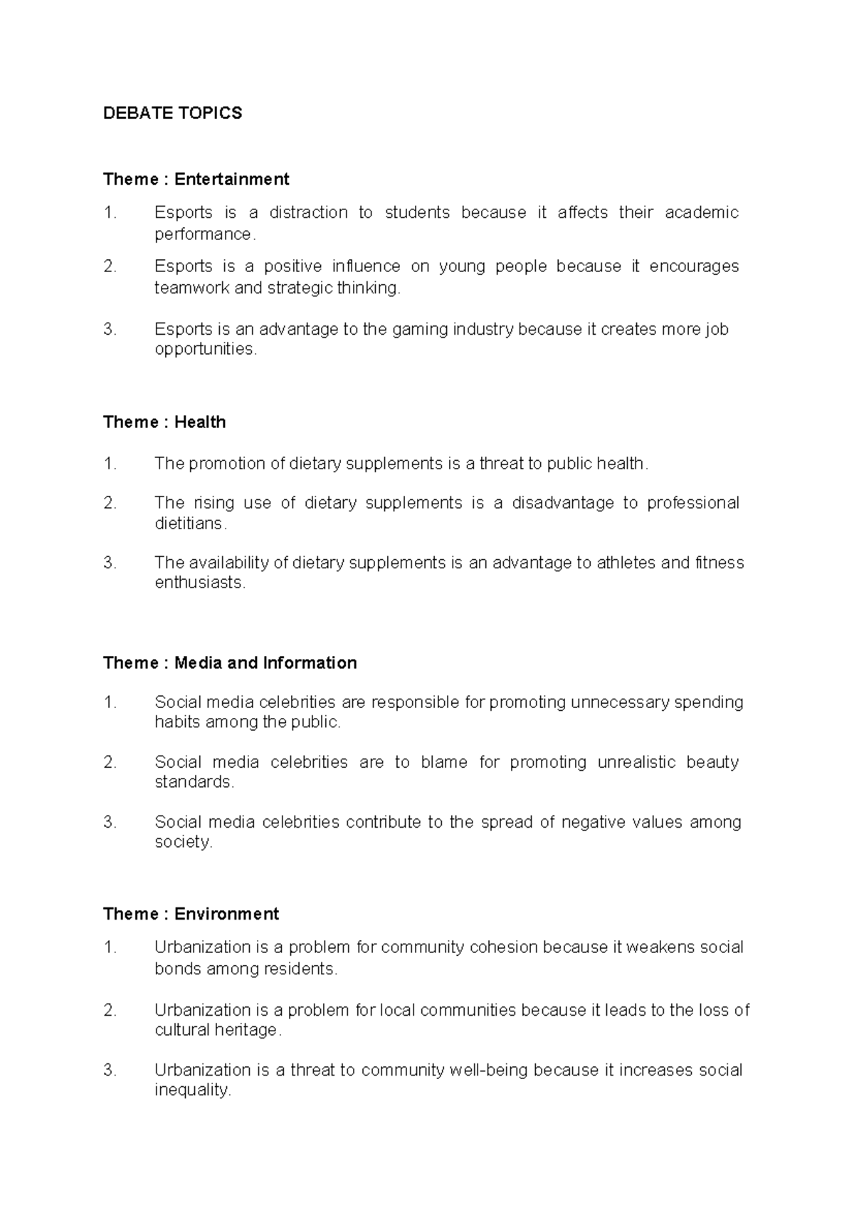 A242 Ele2 Debate Topics: Entertainment, Health, Media & Environment ...