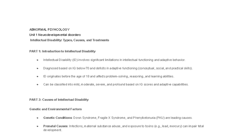 ABNORMAL PSYCHOLOGY Unit 1: Neurodevelopmental Disorders & Treatments ...