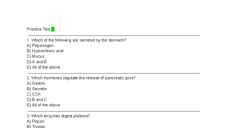 Biol 1107 Practice Test C: Digestive System & Enzymes - Studocu