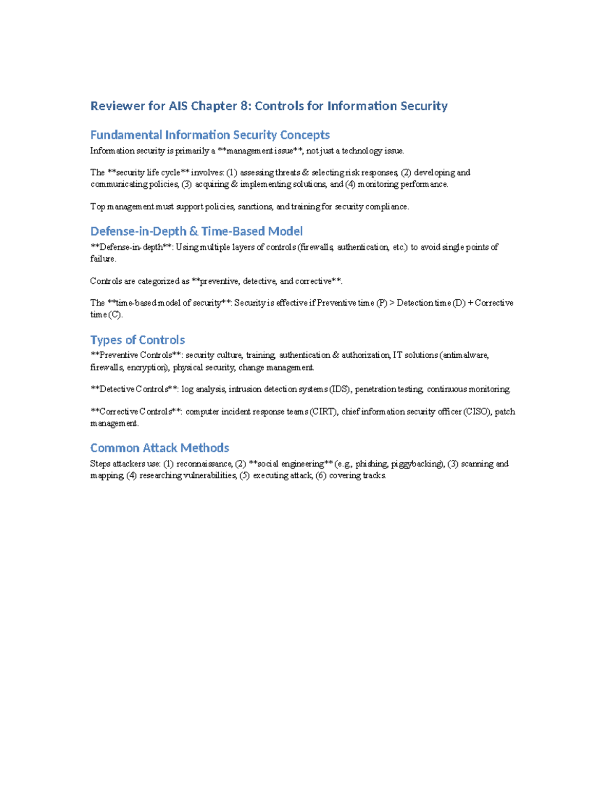 AIS CH8 Reviewer: Controls for Info Security Concepts - Studocu