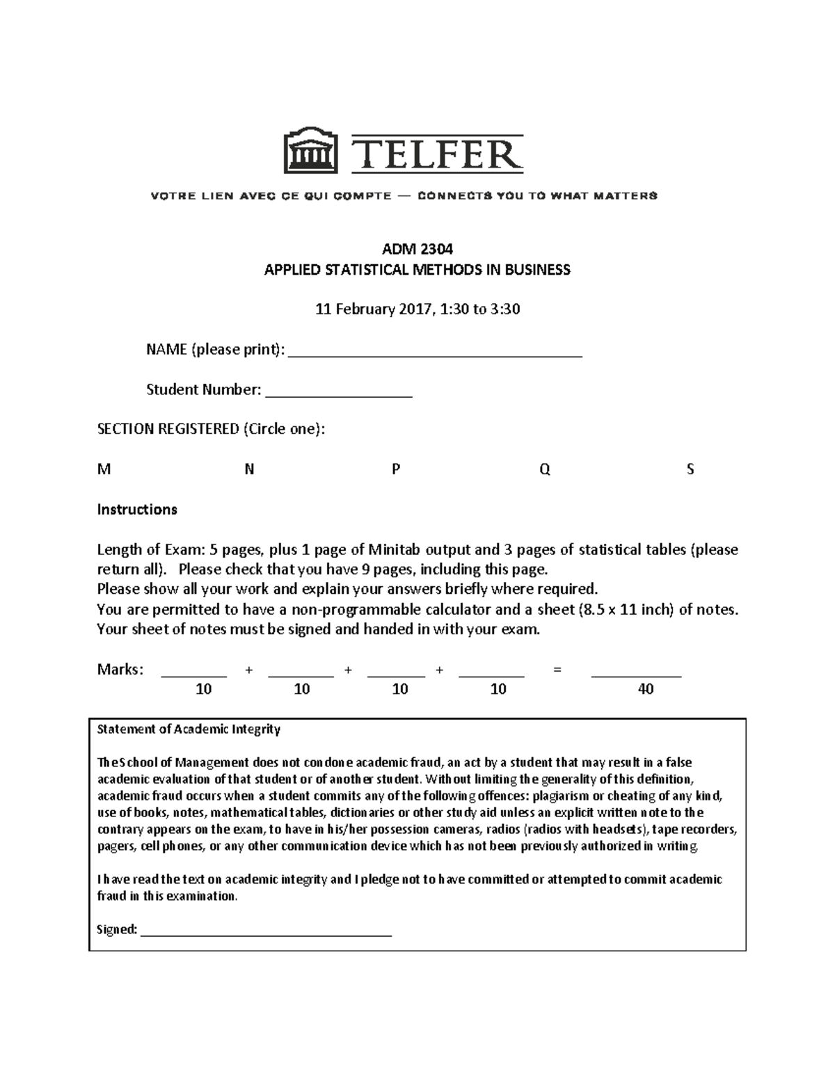 ADM 2304 Midterm Exam: Applied Statistical Methods in Business - Studocu