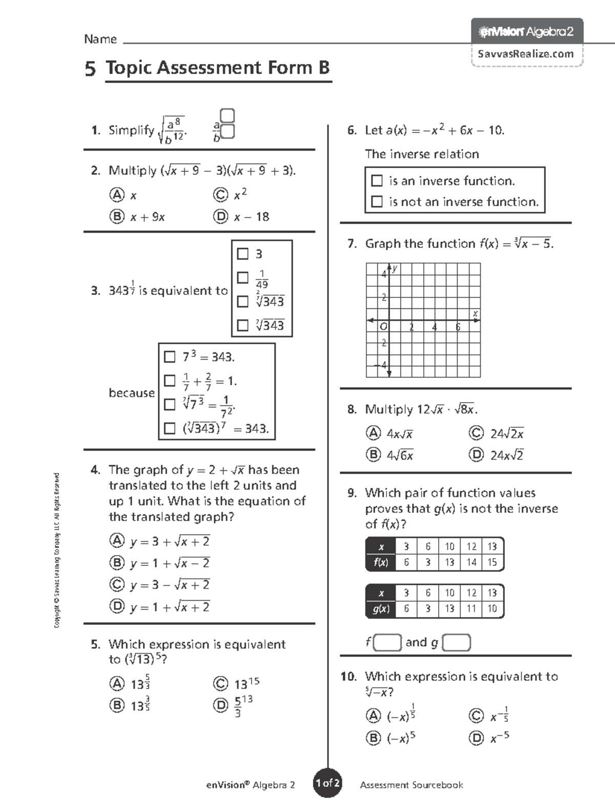 Algebra 2 Topic Assessment Form B - SavvasRealize.com - Studocu