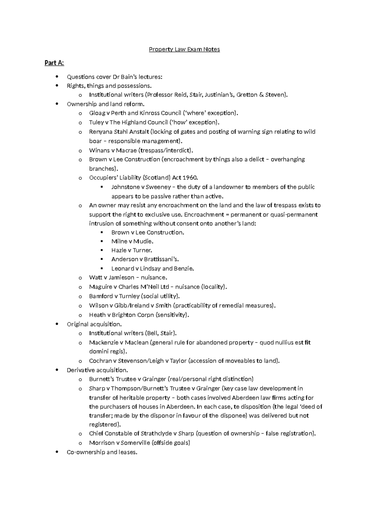 LAW5001 Property Exam Notes: Key Cases and Principles Overview - Studocu