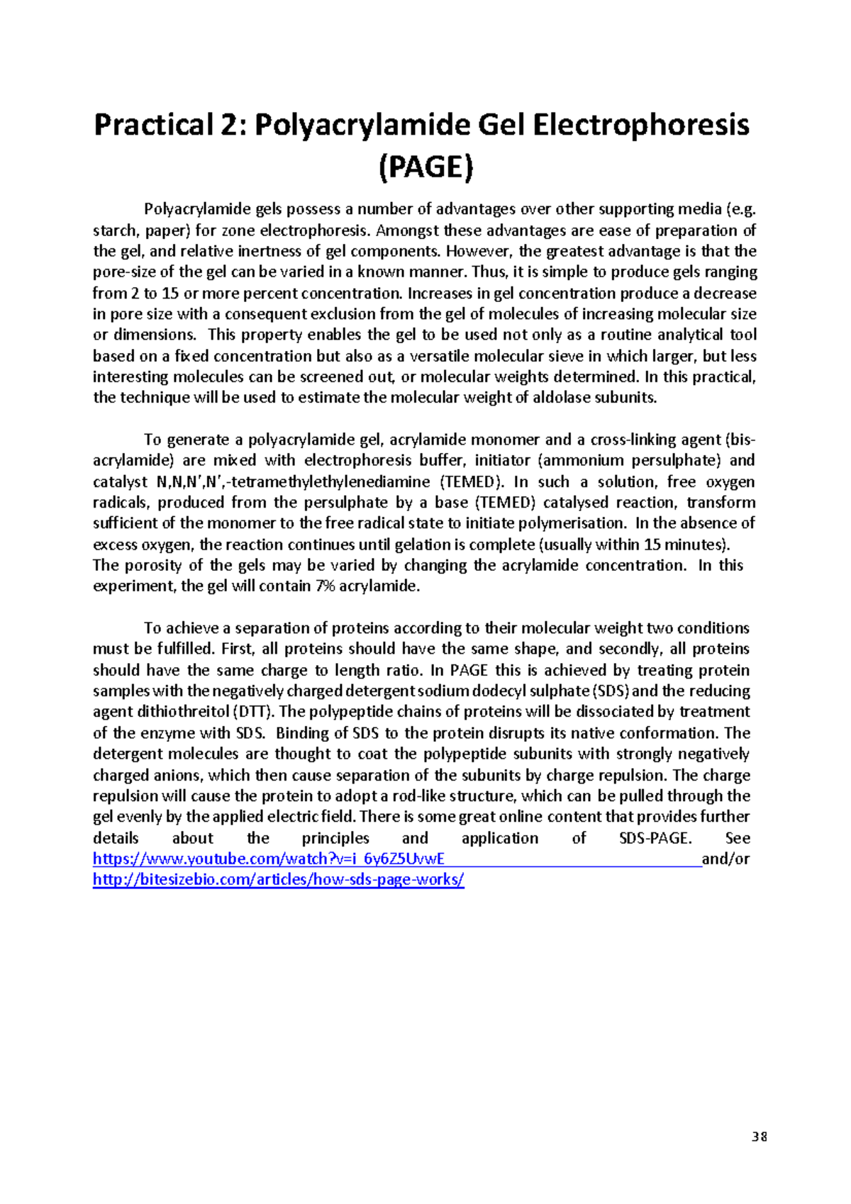 Polyacrylamide Gel Electrophoresis Lab Practical (Lab Practical 2 ...