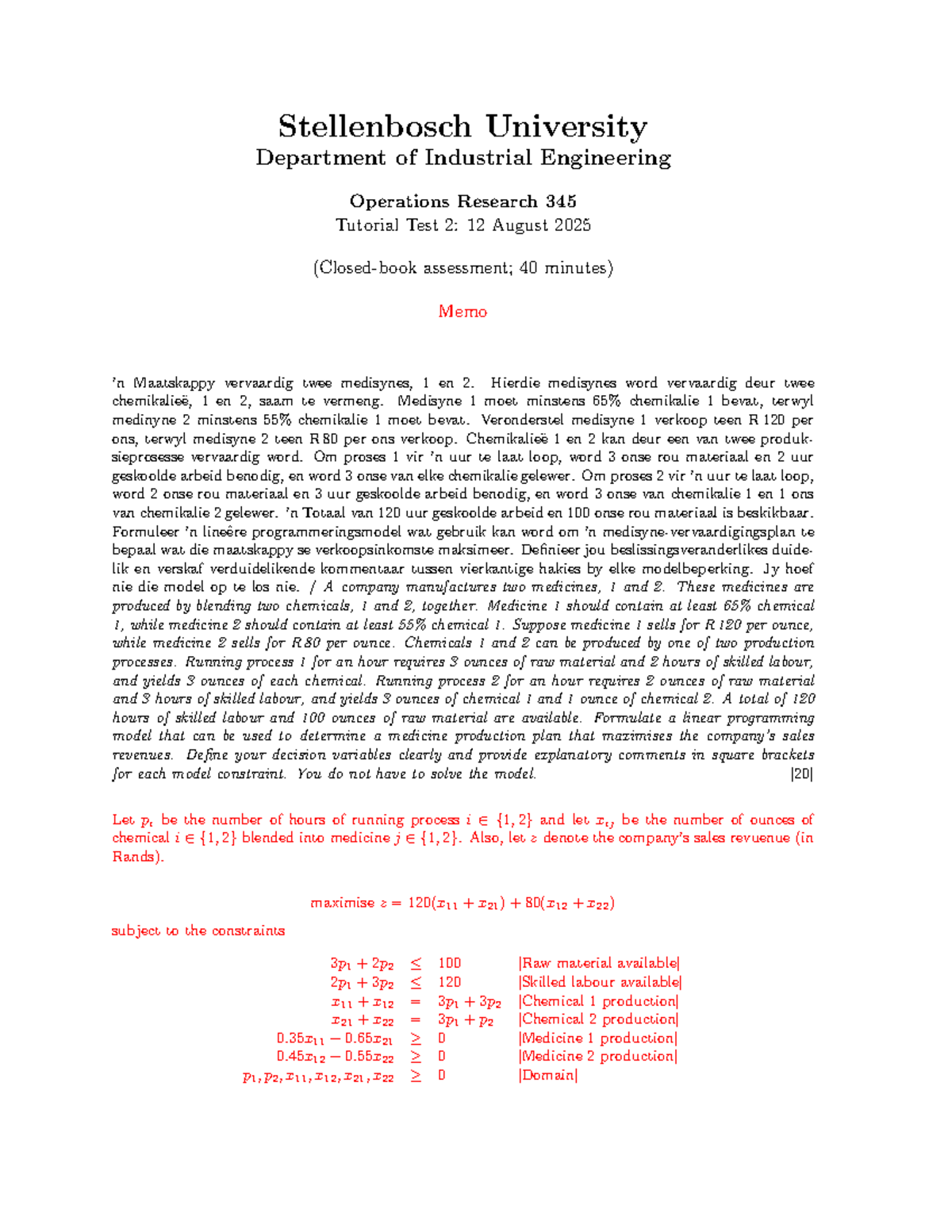 ON 345 Operations Research Tutorial Test 2 Memo (2025) - Studocu