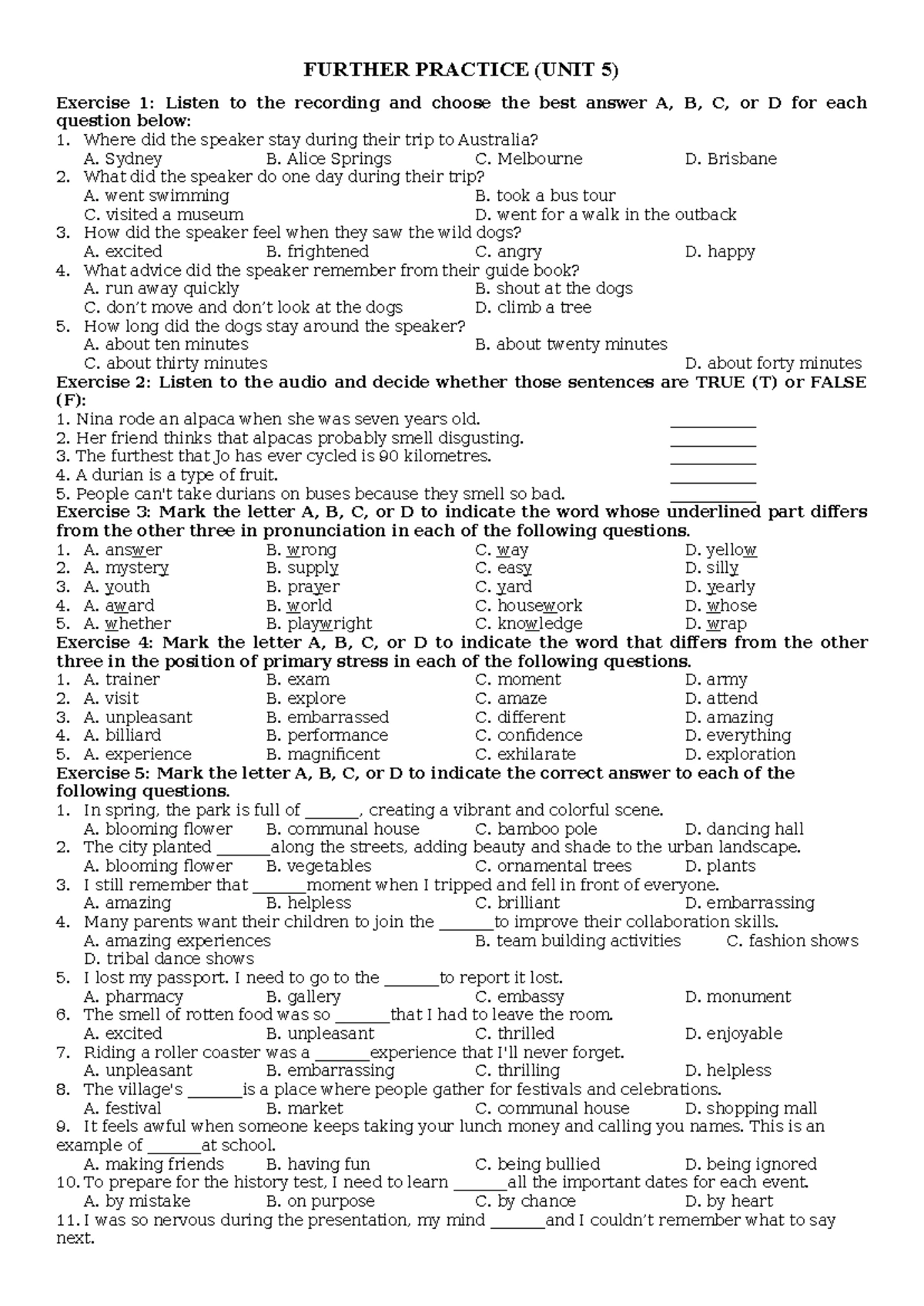 Further Practice Unit 3: Phonetics, Vocabulary & Grammar - English 9 ...