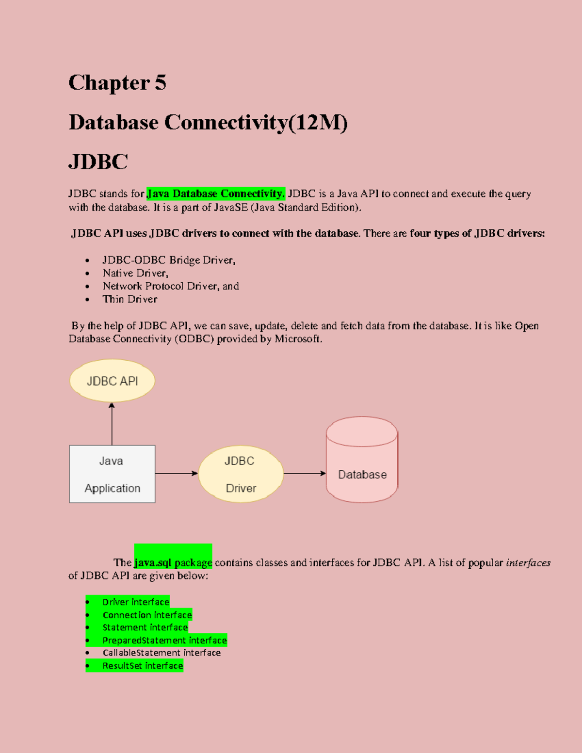 JDBC Overview and Core Concepts - Notes for Chapter 5 - Studocu