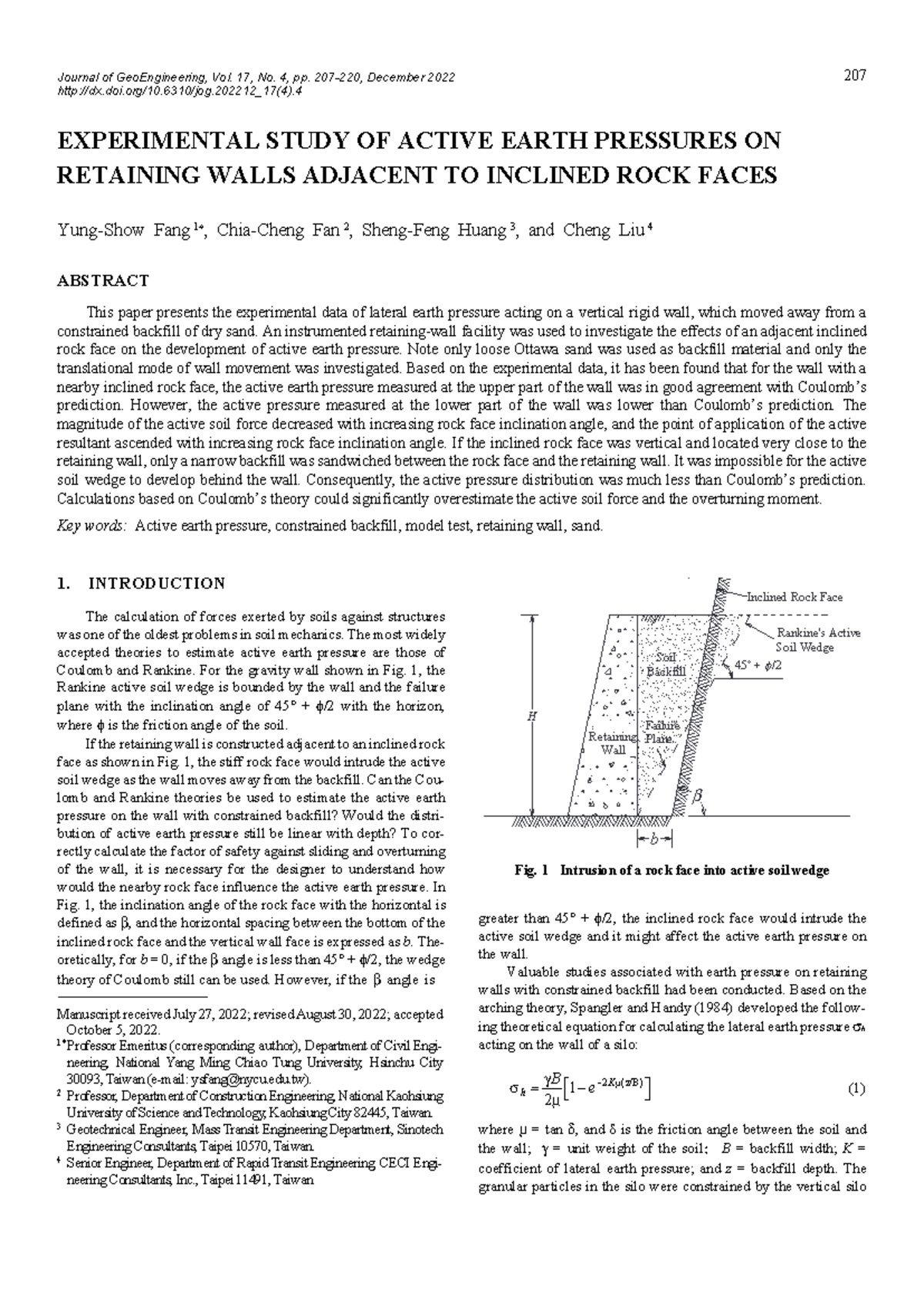 Experimental Study of Active Earth Pressures on Retaining Walls ...