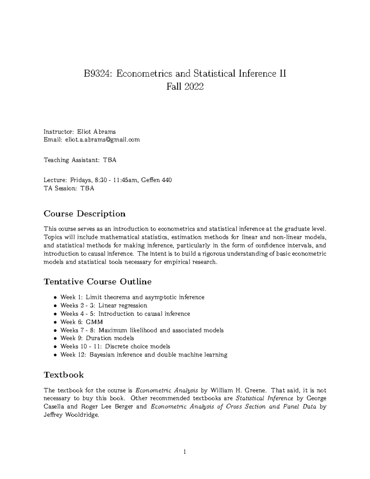 B9324: Econometrics and Statistical Inference II Overview - Fall 2022 ...