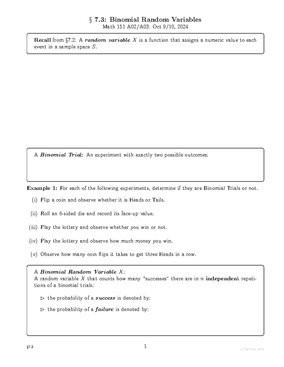 Math151 C7S31 - Binomial Random Variables Lecture Notes - Studocu