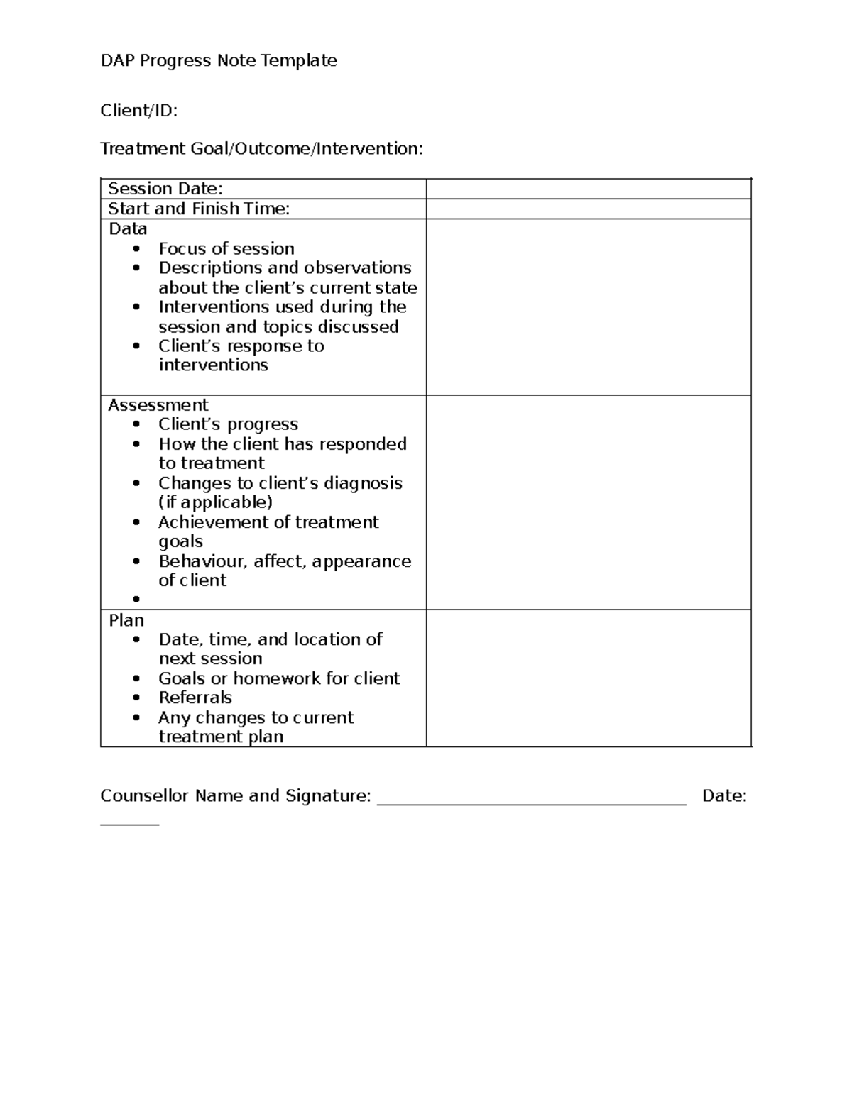 DAP Note Template - DAP Progress Note Template Client/ID: Treatment ...