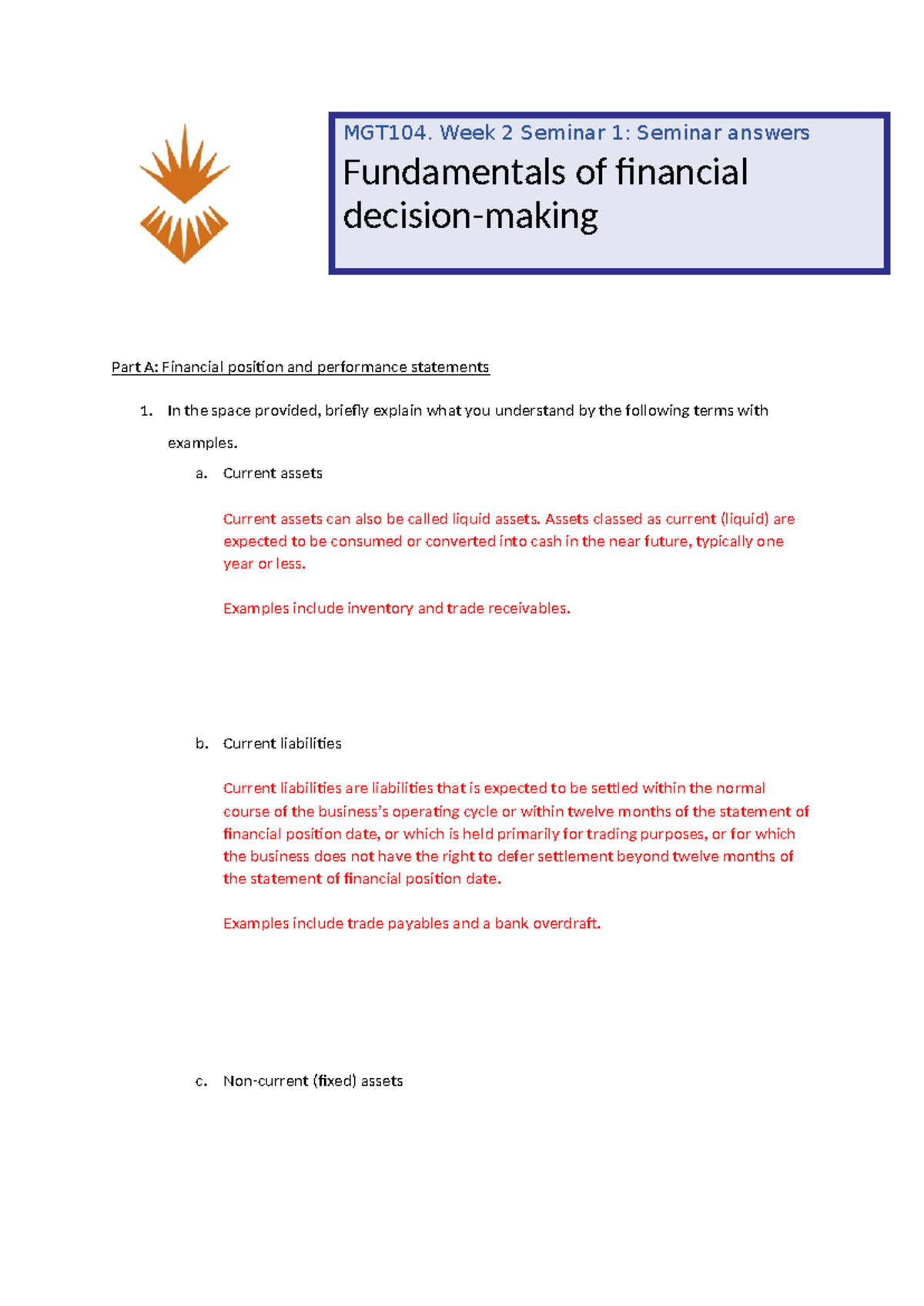 Week 2 Seminar 1 answers - Part A: Financial position and performance ...