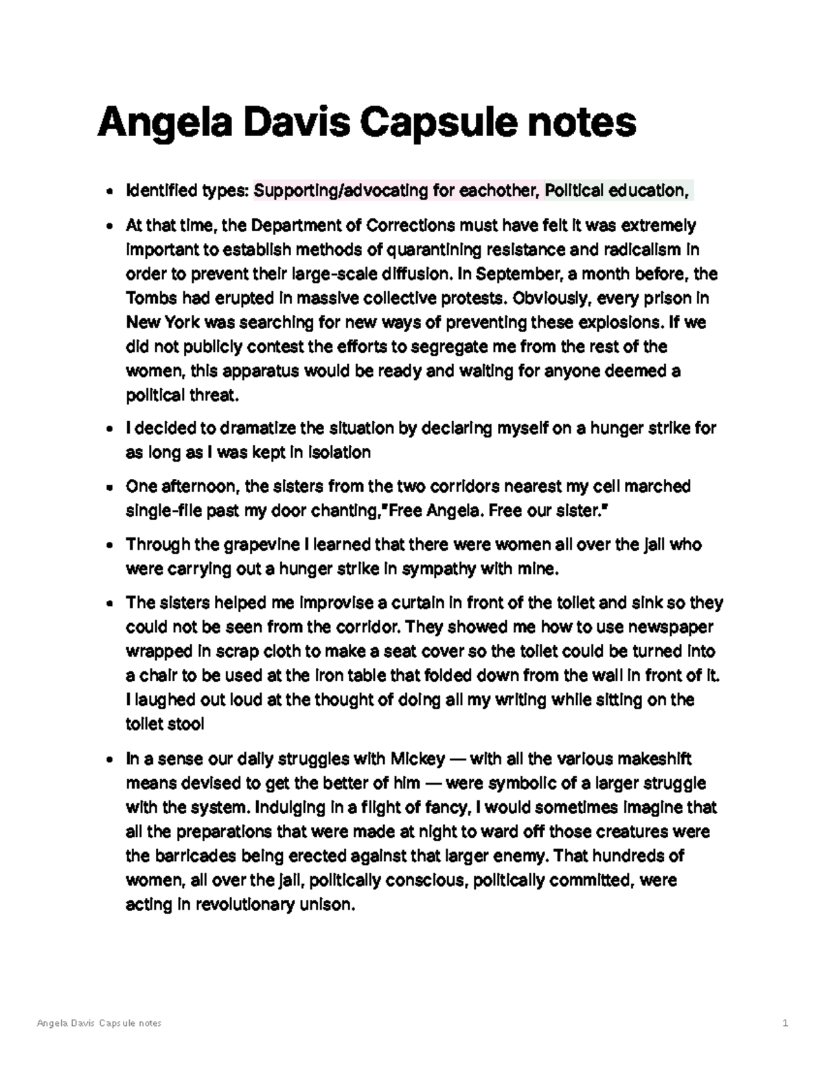 Angela Davis Reading Notes: Political Resistance and Solidarity - Studocu