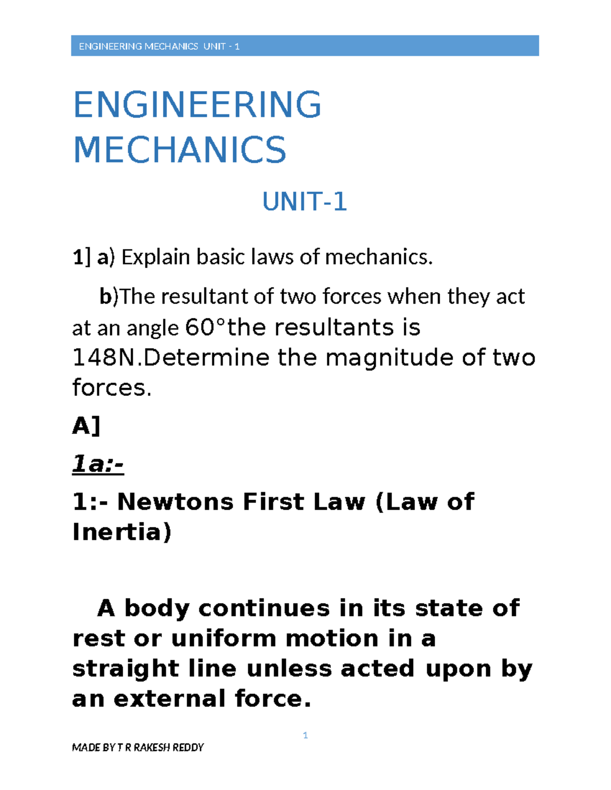 ENGG MECHANICS UNIT 1: Laws, Forces, and Tensions Explained - Studocu