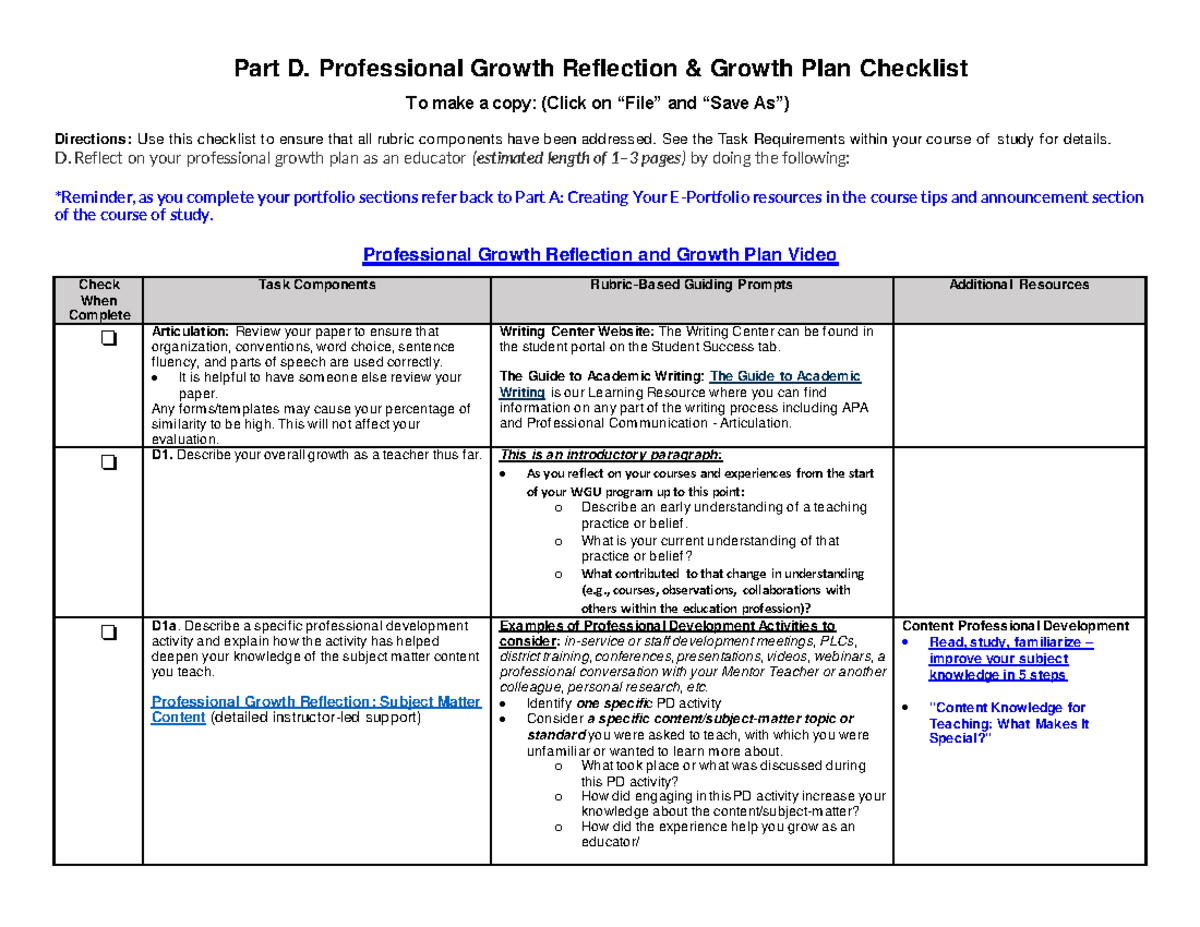 Part D Professional Growth Reflection & Growth Plan Checklist - Part D ...