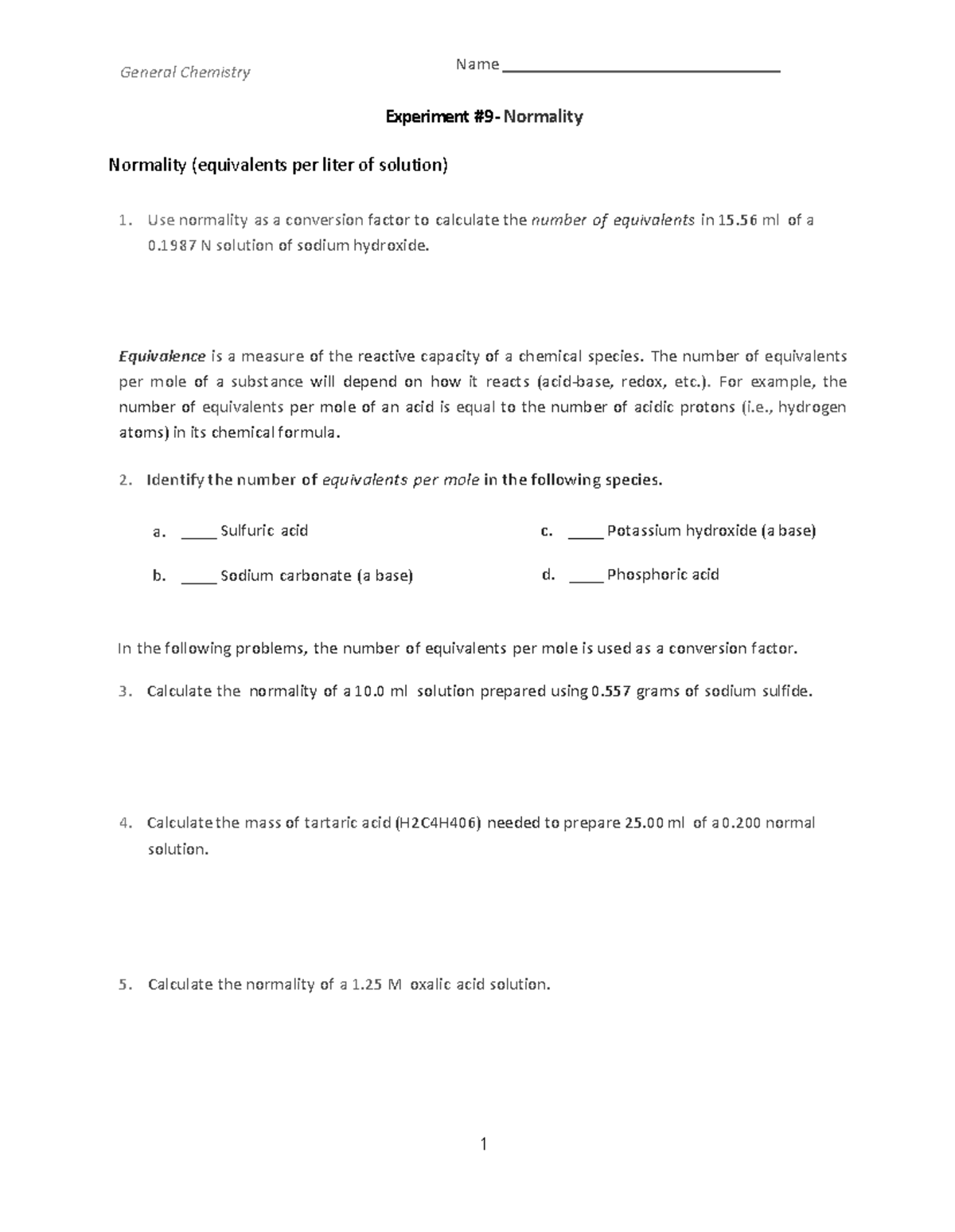 Chem 219 - Exp 9: Understanding Normality and Acid-Base Titrations ...