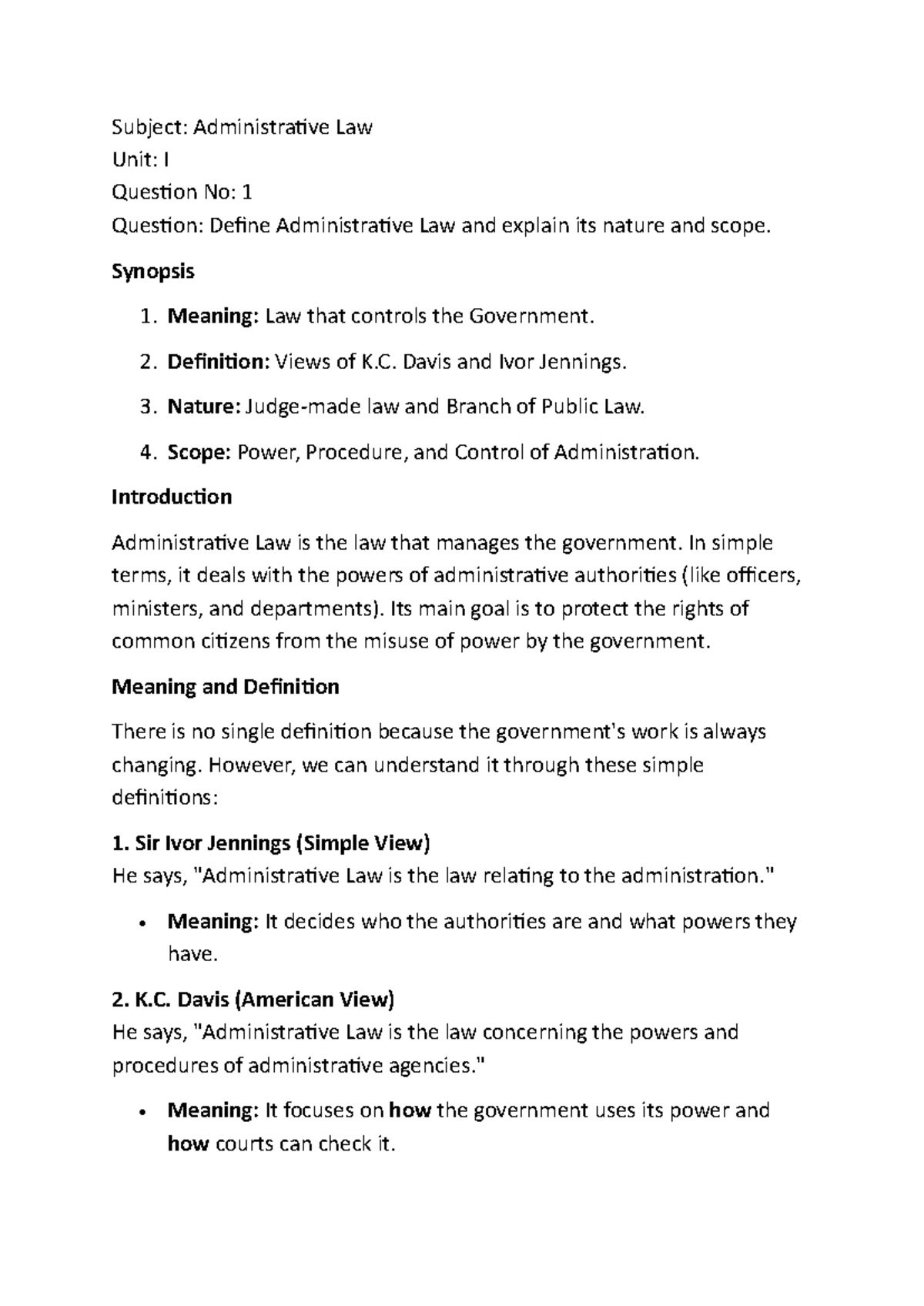 Administrative Law Unit I: Nature, Scope, and Key Concepts - Studocu