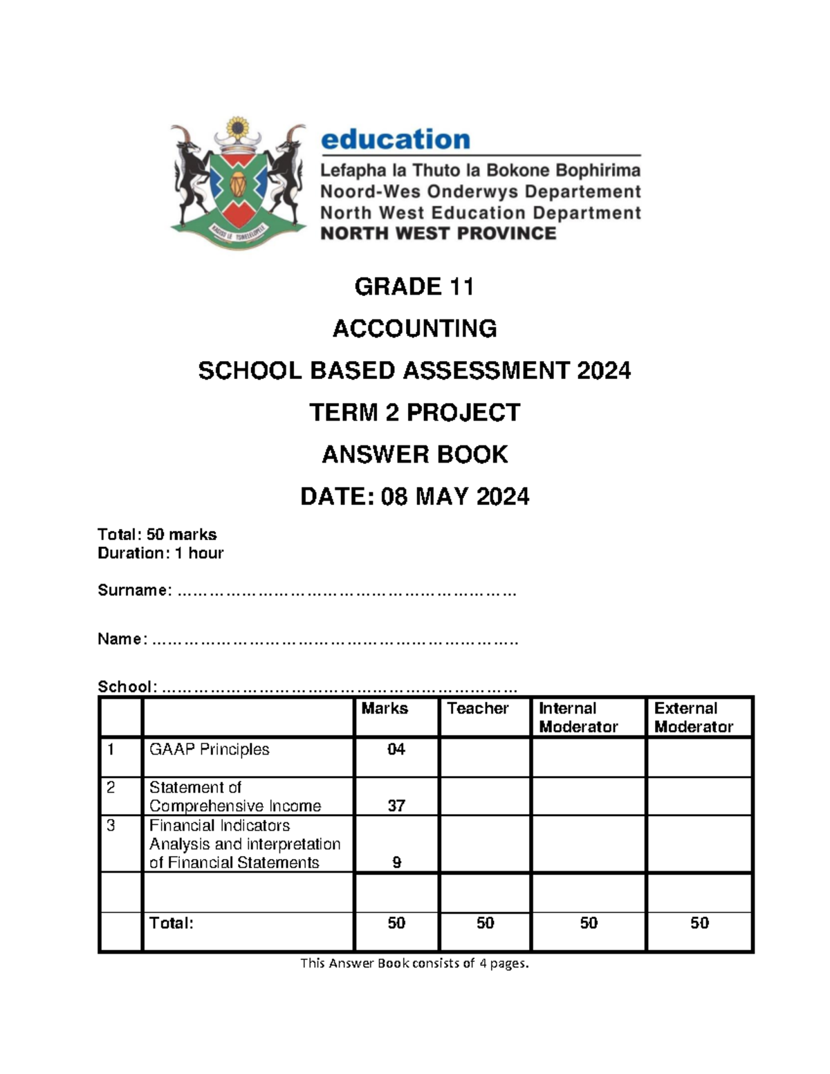 GRADE 11 ACCOUNTING SBA 2024 TERM 2 PROJECT ANSWER BOOK - Studocu