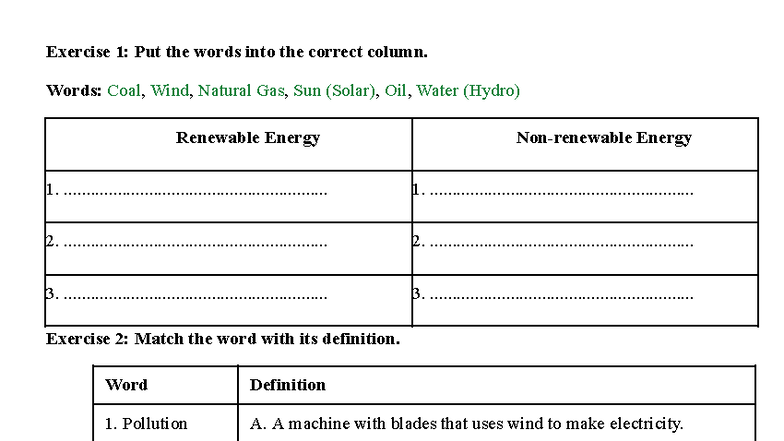 OD 9 - Renewable Energy Exercises and Vocabulary Matching - Studocu