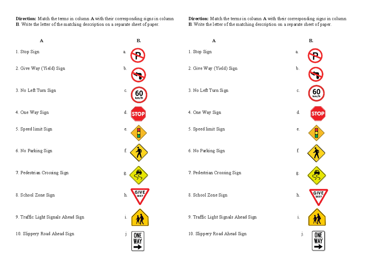 Quiz - Traffic Signs Matching Exercise - Studocu