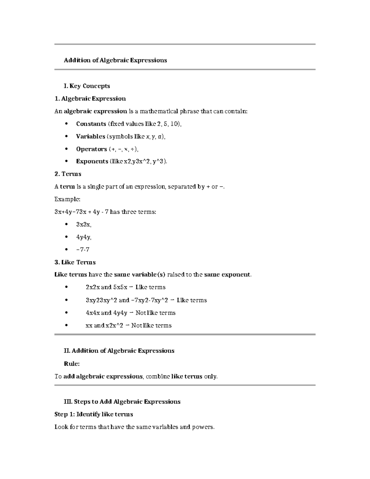 Addition of Algebraic Expressions I: Key Concepts and Rules - Studocu