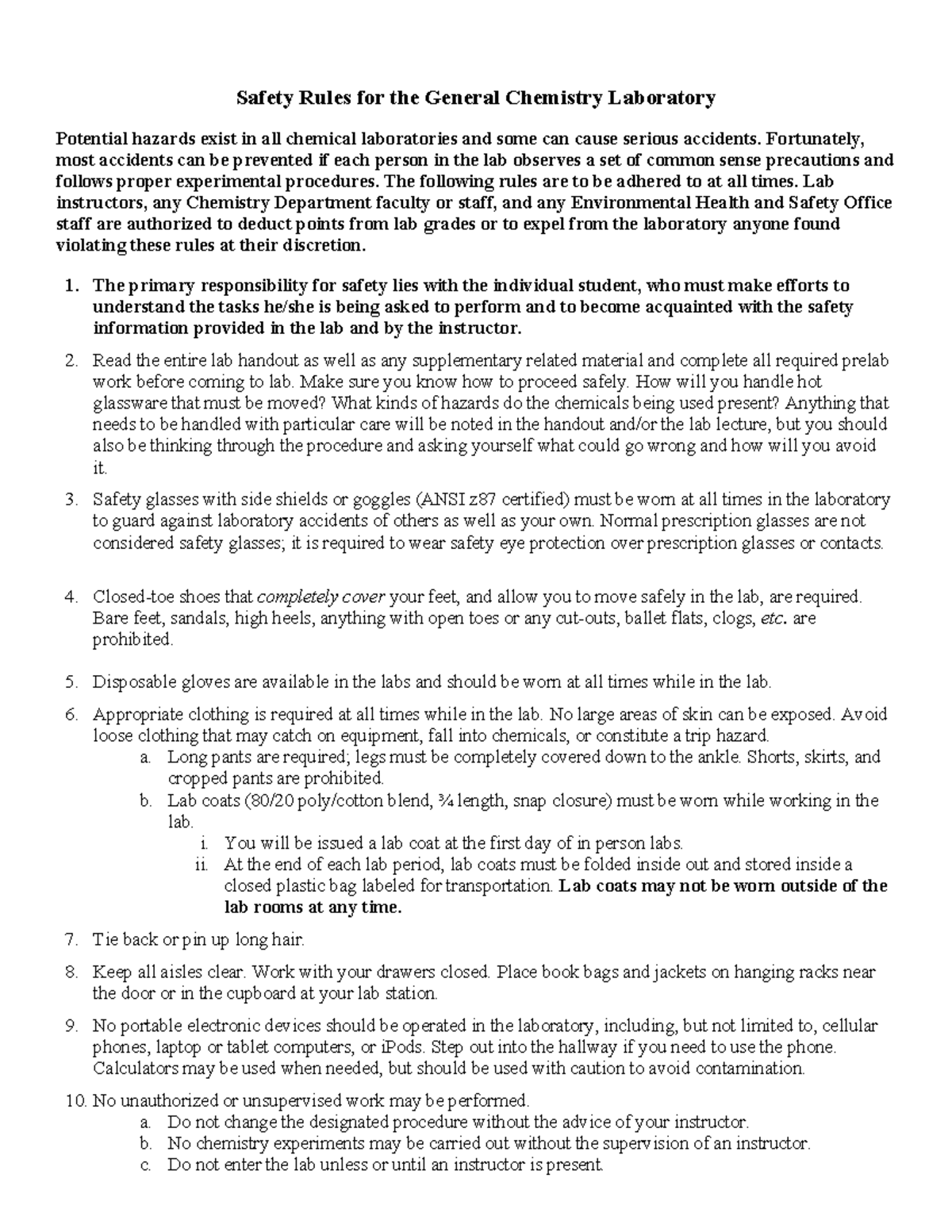 Safety Rules for the General Chemistry Lab (CHEM 101) - Studocu