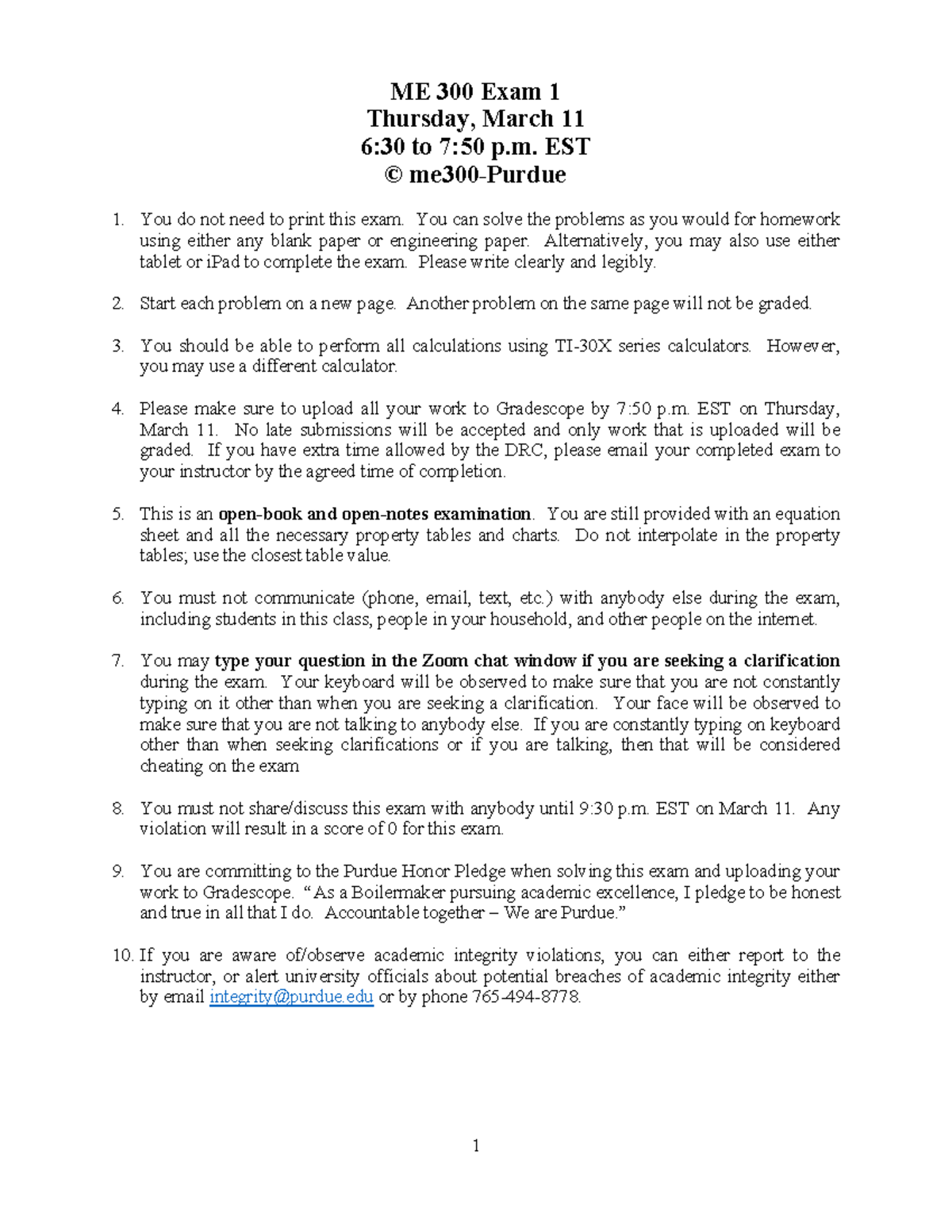 ME 300: Thermodynamics II Exam 1 Guidelines and Instructions - Studocu