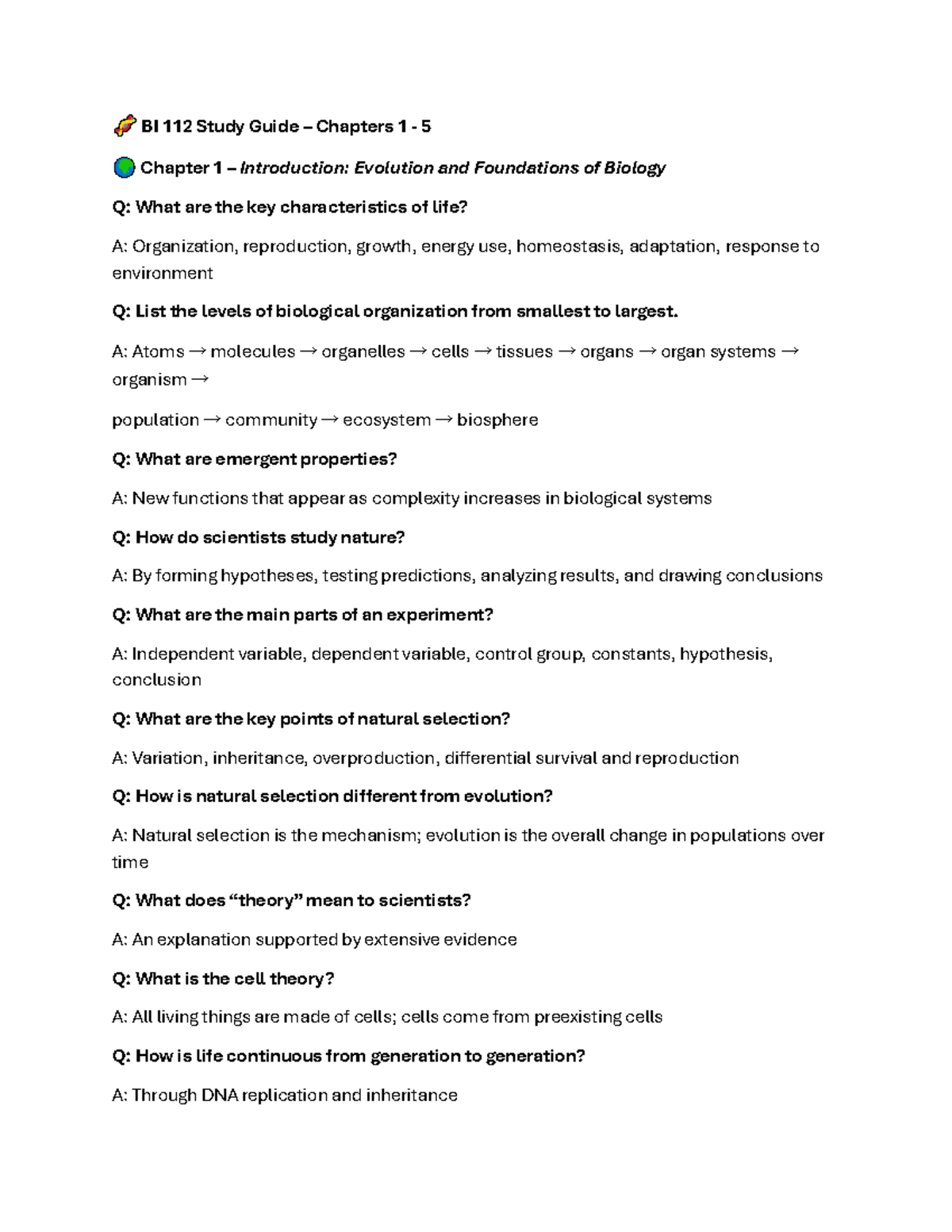BI 112 Study Guide: Chapters 1-5 Key Concepts and Questions - Studocu