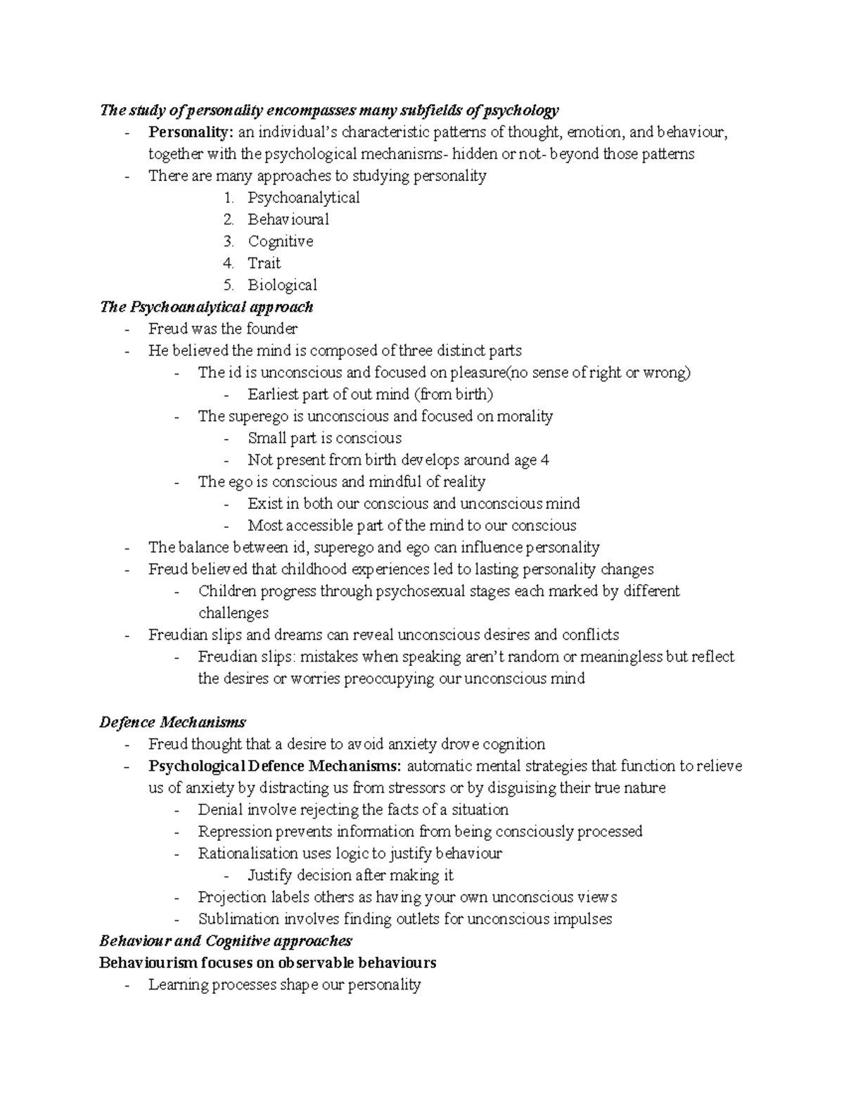 PSY 101: Lecture Notes on Personality Theories and Approaches - Studocu