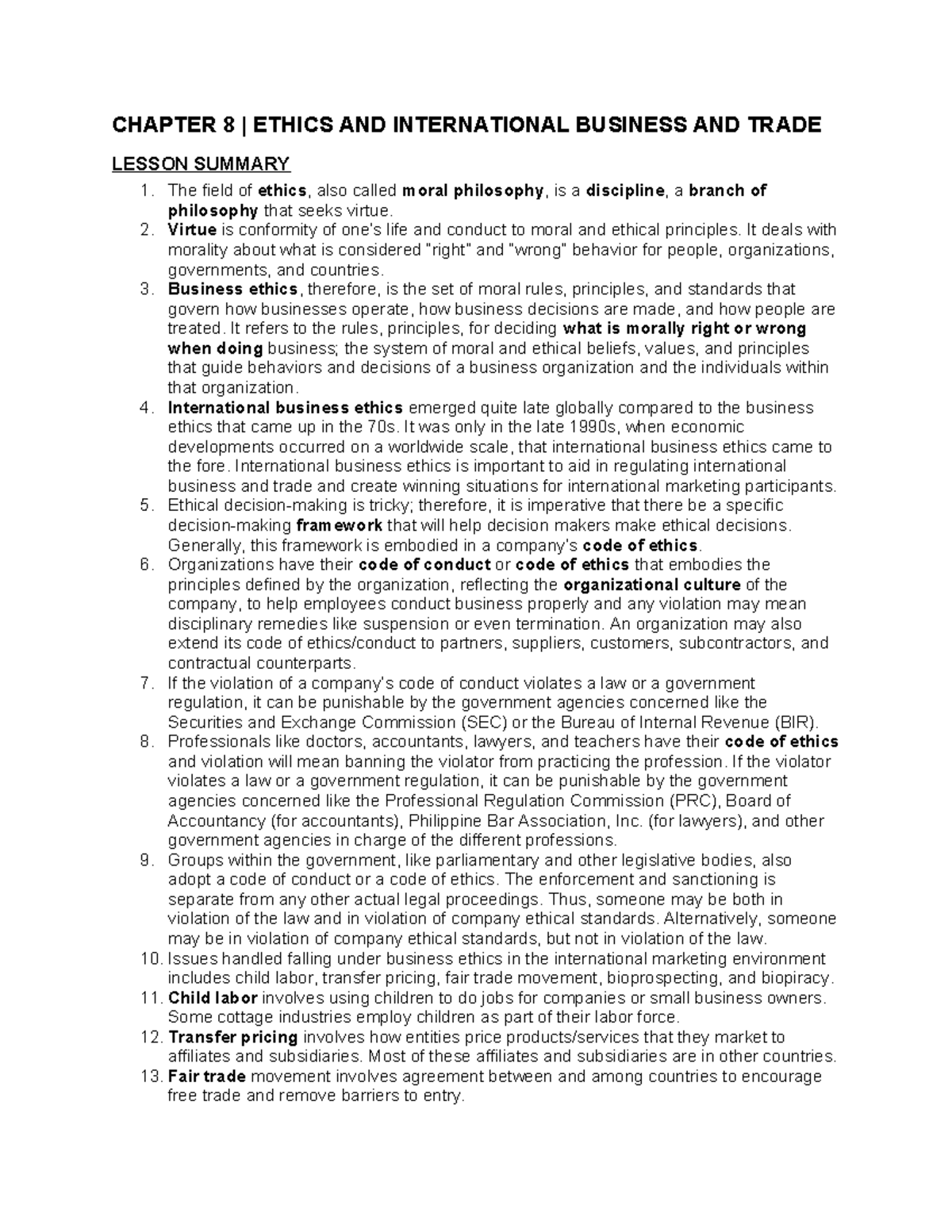 CHAPTER 8 ETHICS IN INTERNATIONAL BUSINESS: LESSON SUMMARY - Studocu
