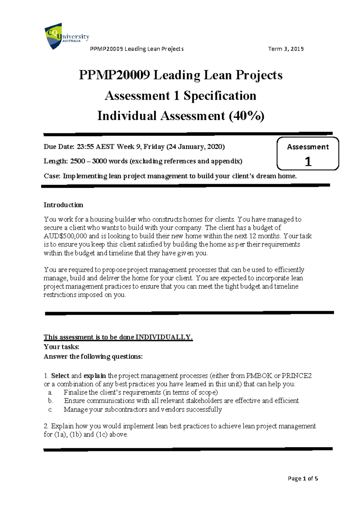Assessment 1: Applying Lean Project Management in PPMP2000 T3 2019 ...