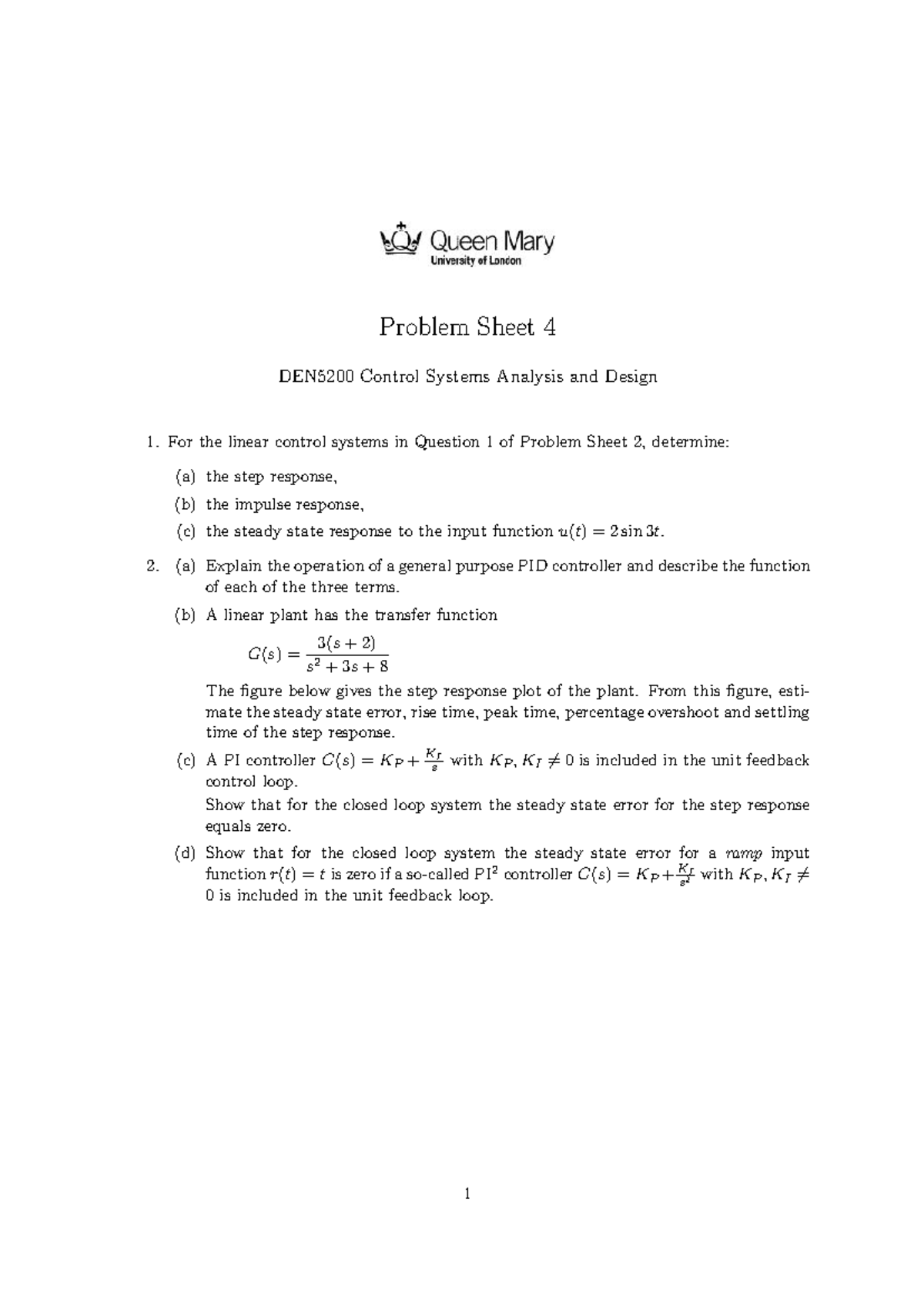 PSC 4 Questions Control Systems Analysis - Problem Sheet 4 DEN5200 ...