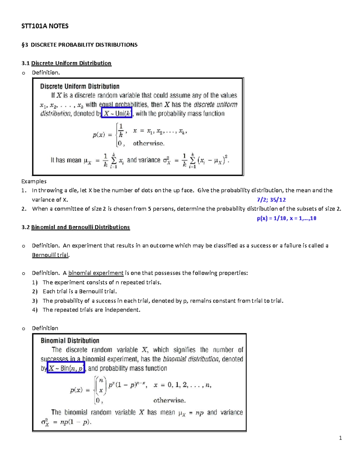 N3 STT101A Final Exam Notes on Discrete Probability Distributions - Studocu