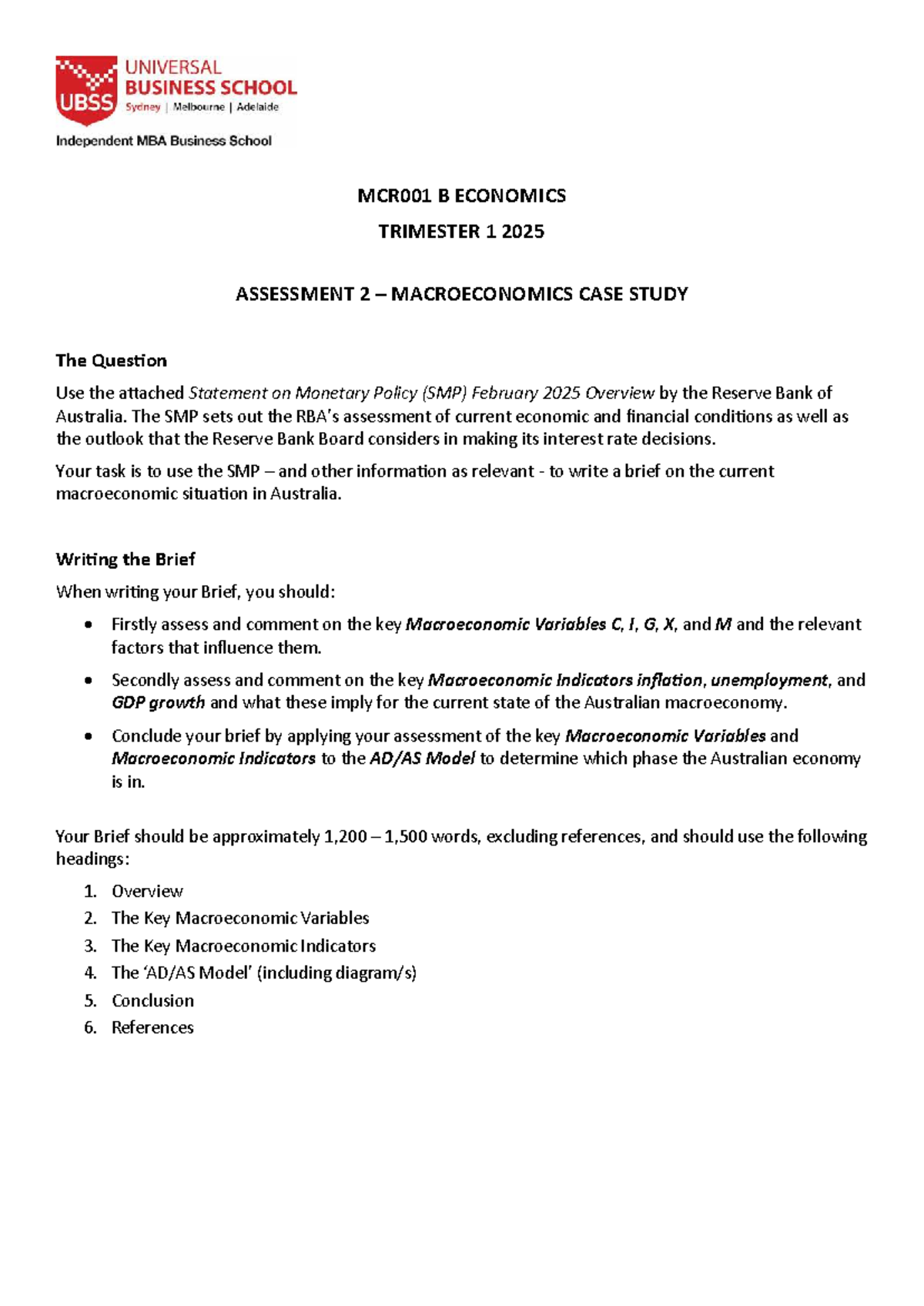 Assessment 2 Week 12 - Need to answer - MCR001 B ECONOMICS TRIMESTER 1 ...
