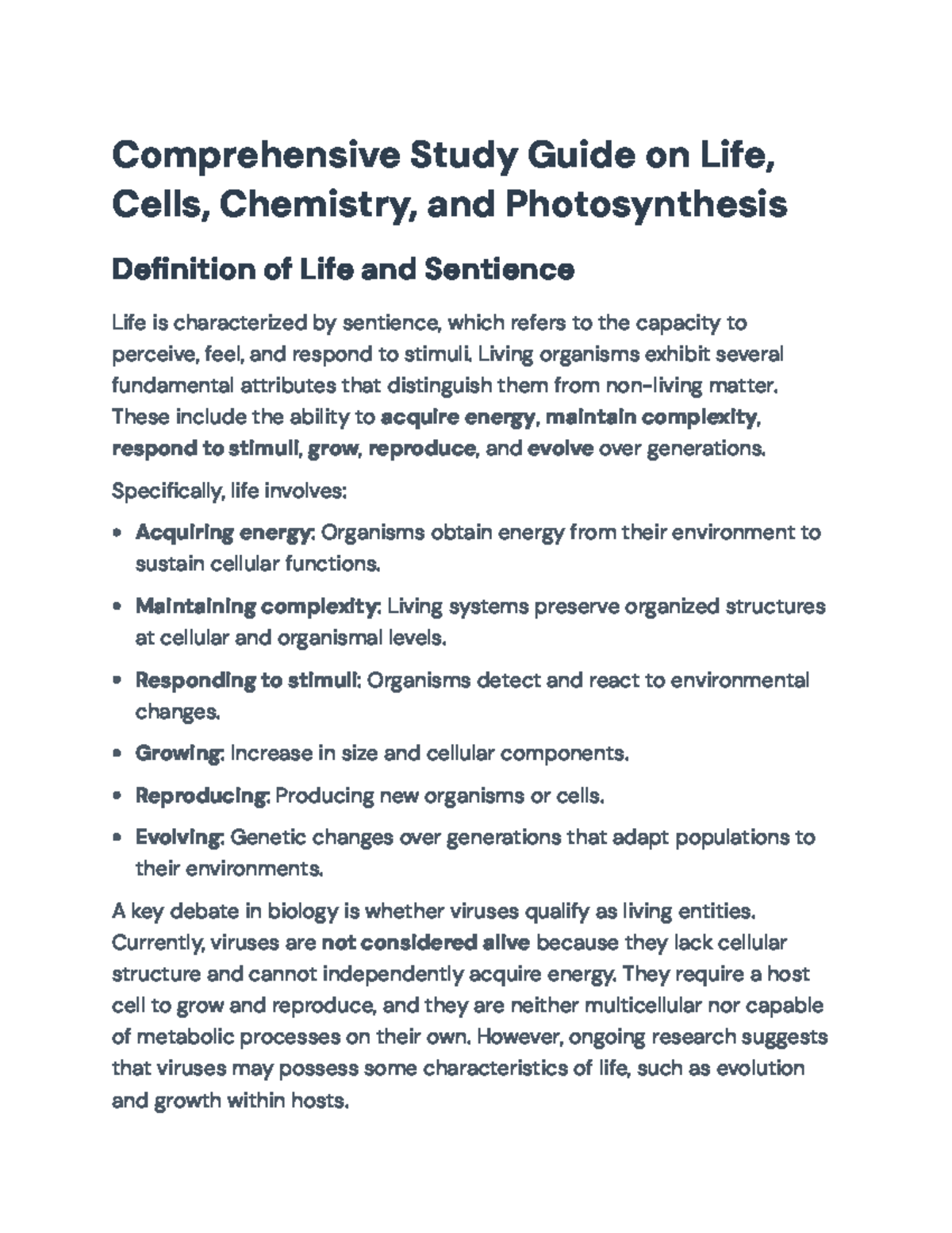 Comprehensive Study Guide: Life, Cells, Chemistry, and Photosynthesis ...