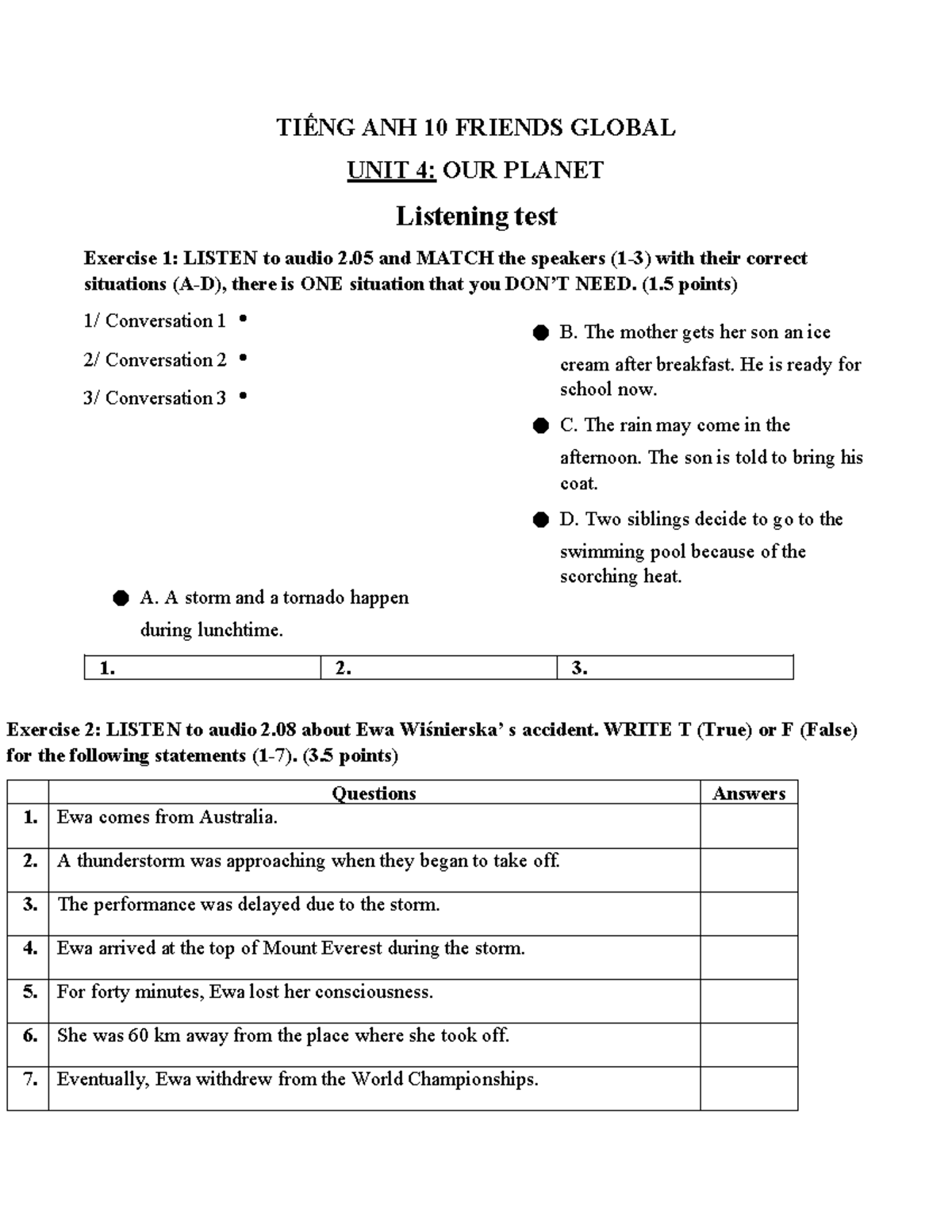 Friends Global 10: Unit 4 Listening Test Exercises and Answers - Studocu