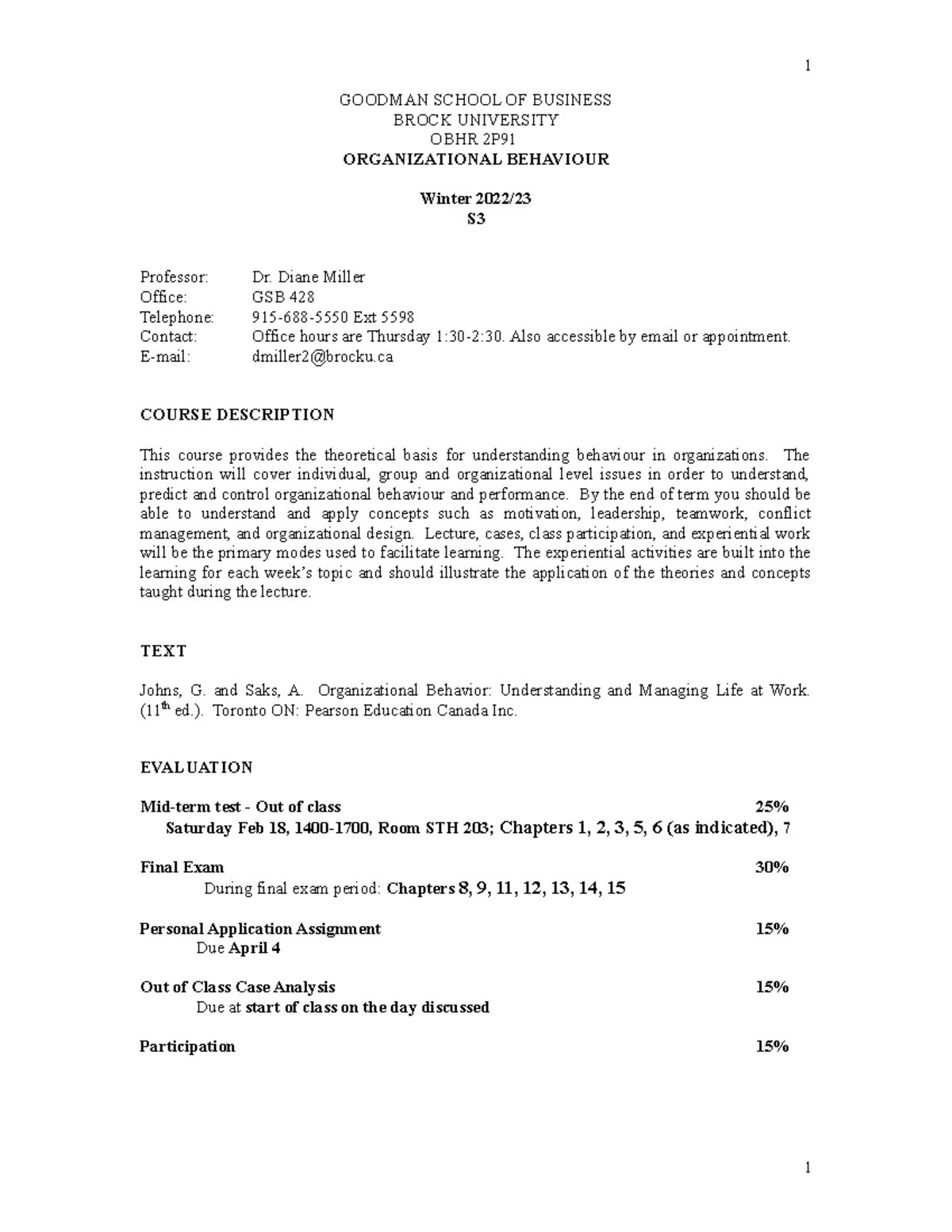 OBHR 2P91 Course Outline: Understanding Organizational Behavior - Studocu