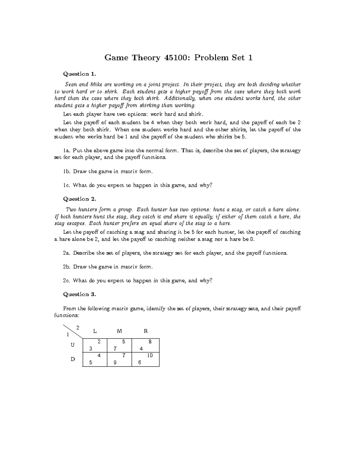 PS1 - Game Theory 45100: Problem Set 1 Analysis and Solutions - Studocu