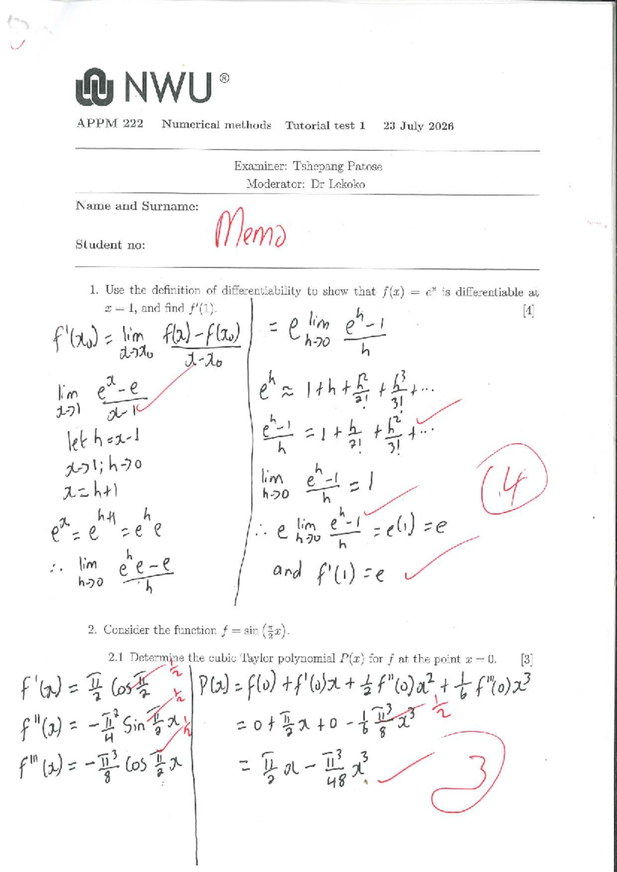APPM 0 Numerical Methods Tutorial Test 1 Memo - July 2026 - Studocu