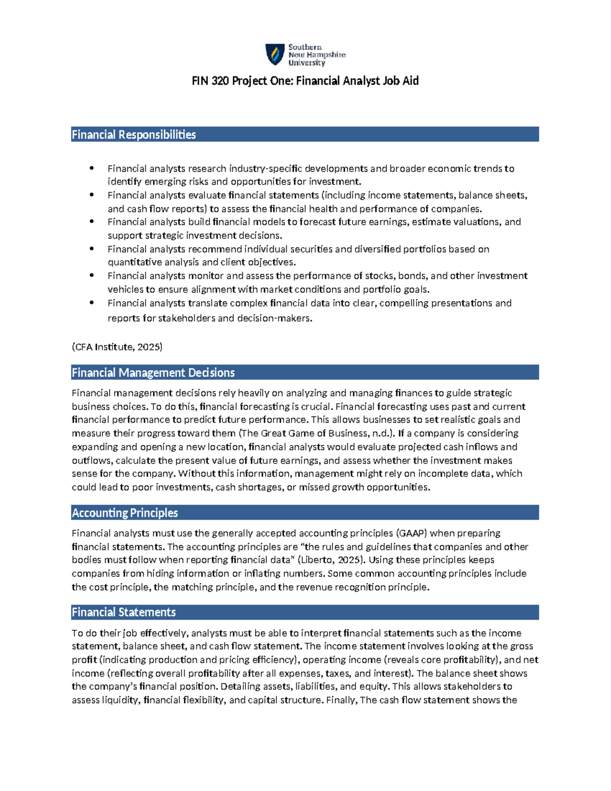FIN 320 Project One: Financial Analyst Responsibilities & Insights ...