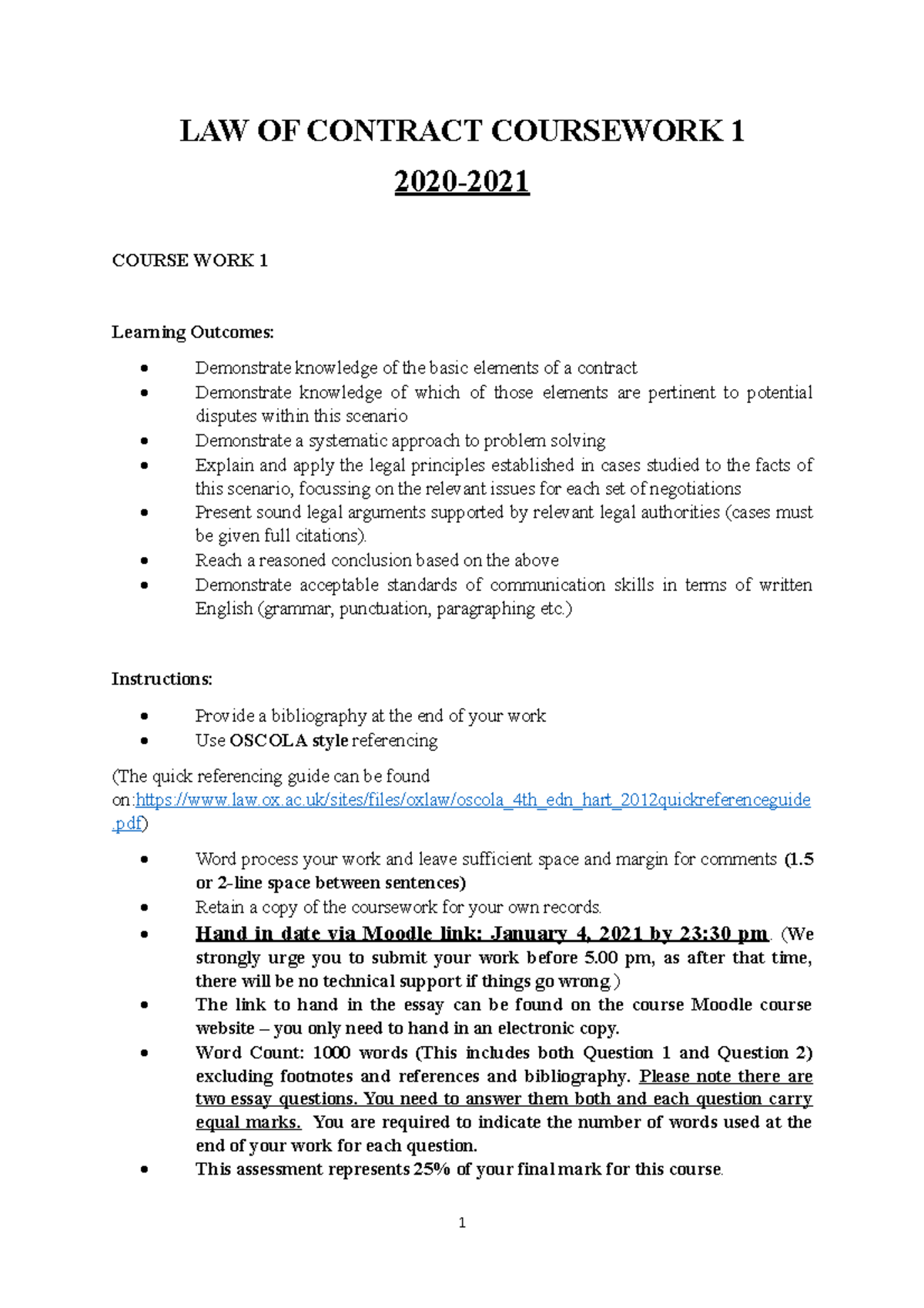Contract Law Coursework 1: Offer and Acceptance in Legal Context - Studocu