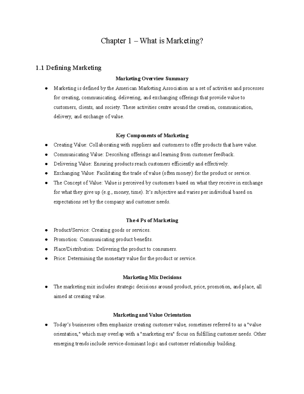 MKT 100 Notes - Chapter 1 – What is Marketing? 1 Defining Marketing ...
