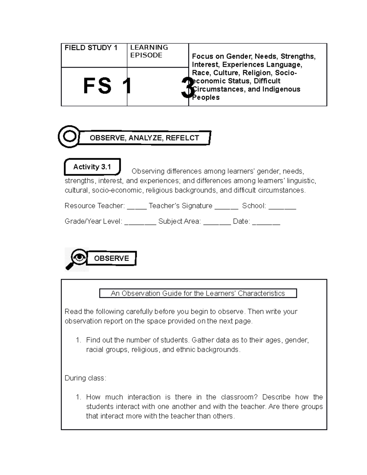 Field Study 1: Gender, Culture, and Diversity Observation Report - Studocu
