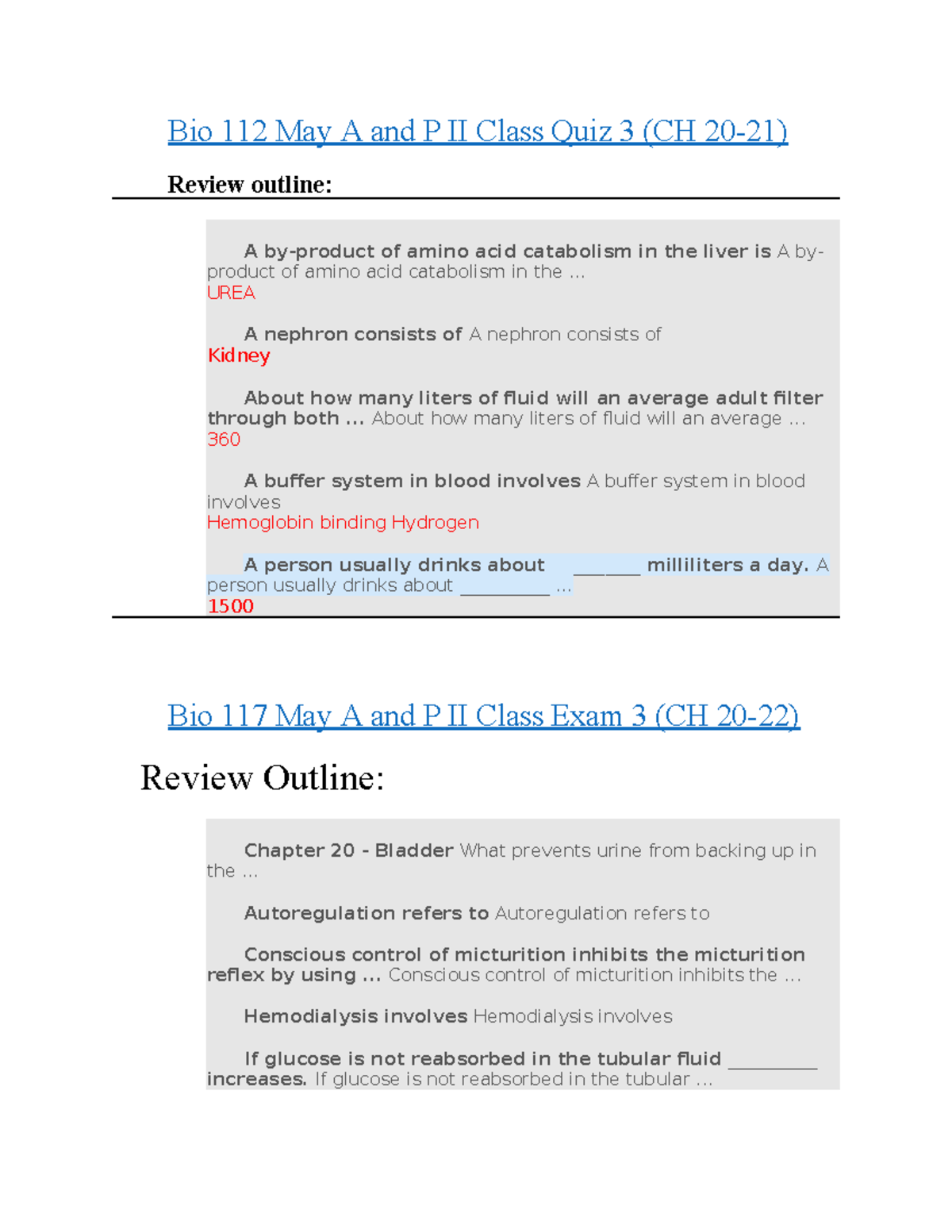 Bio 117 May A and P II Class Exam 3 Review Outline Summary - Studocu