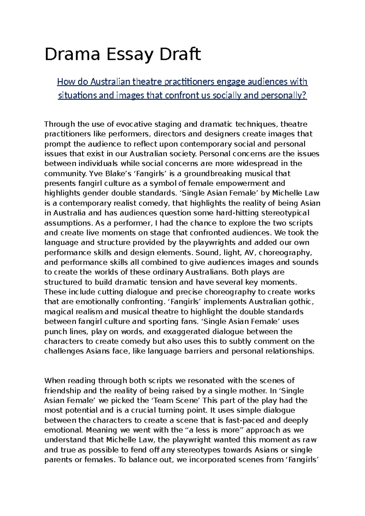 Drama Essay Draft: Engaging Audiences in Australian Theatre (SIGFIG ...