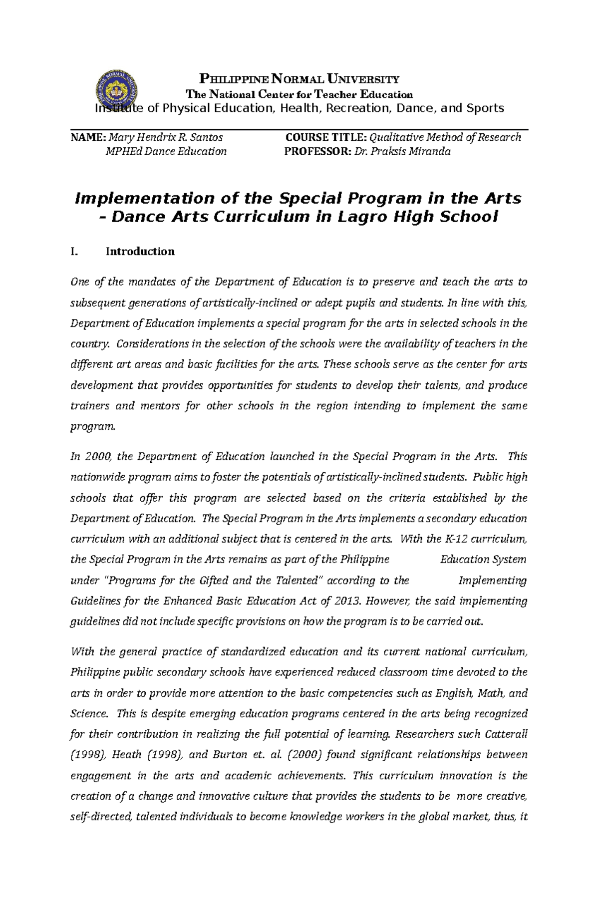 Final Paper: Implementing Dance Arts Curriculum in SPA (MPHEd) - Studocu