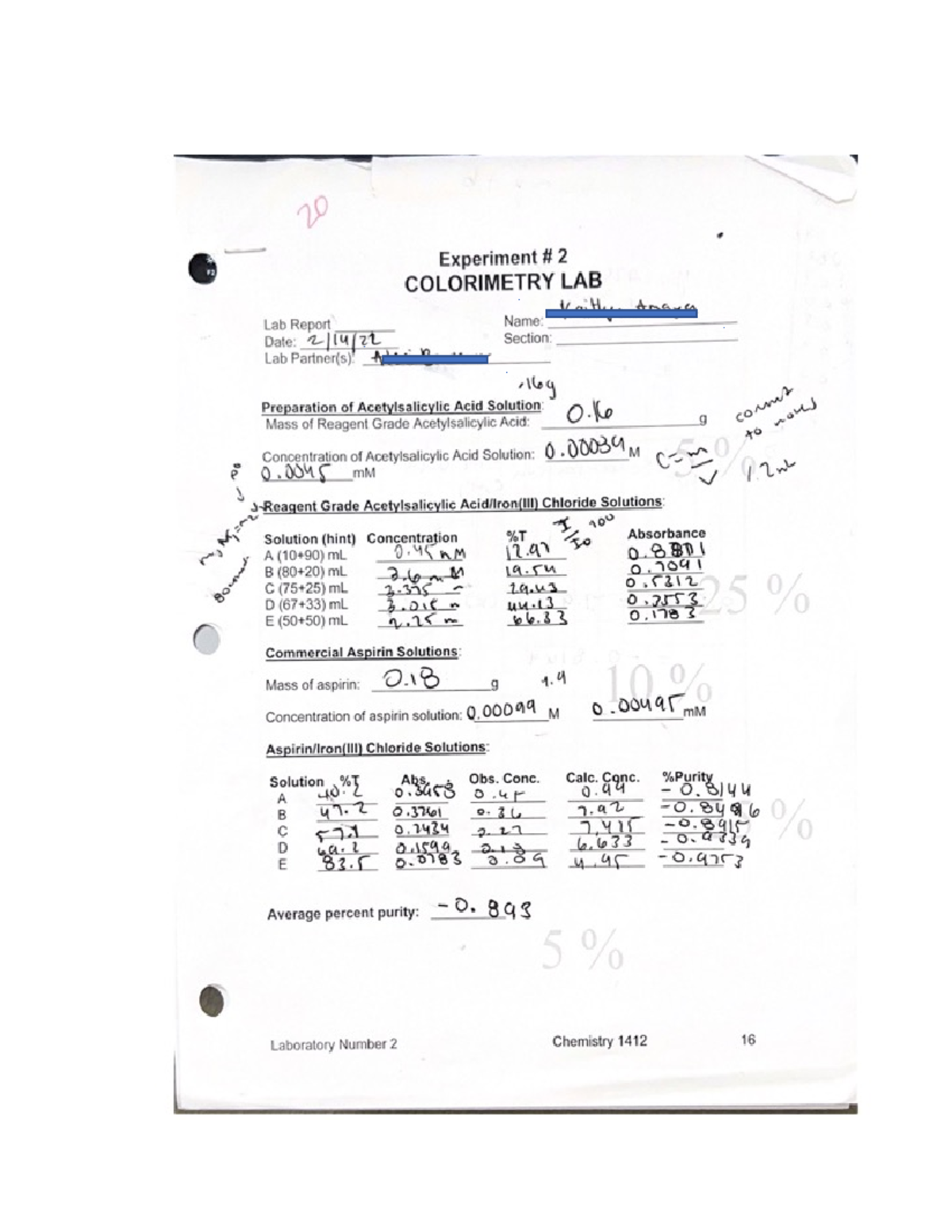CHEM 1412 Experiment 2: Colorimetry Lab Report by KaithyAnewa - Studocu