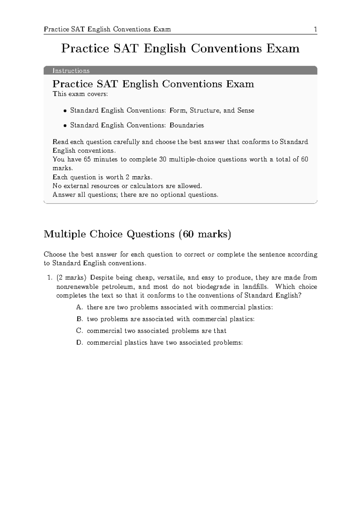 Practice SAT English Conventions Exam 1: Question Bank Review - Studocu