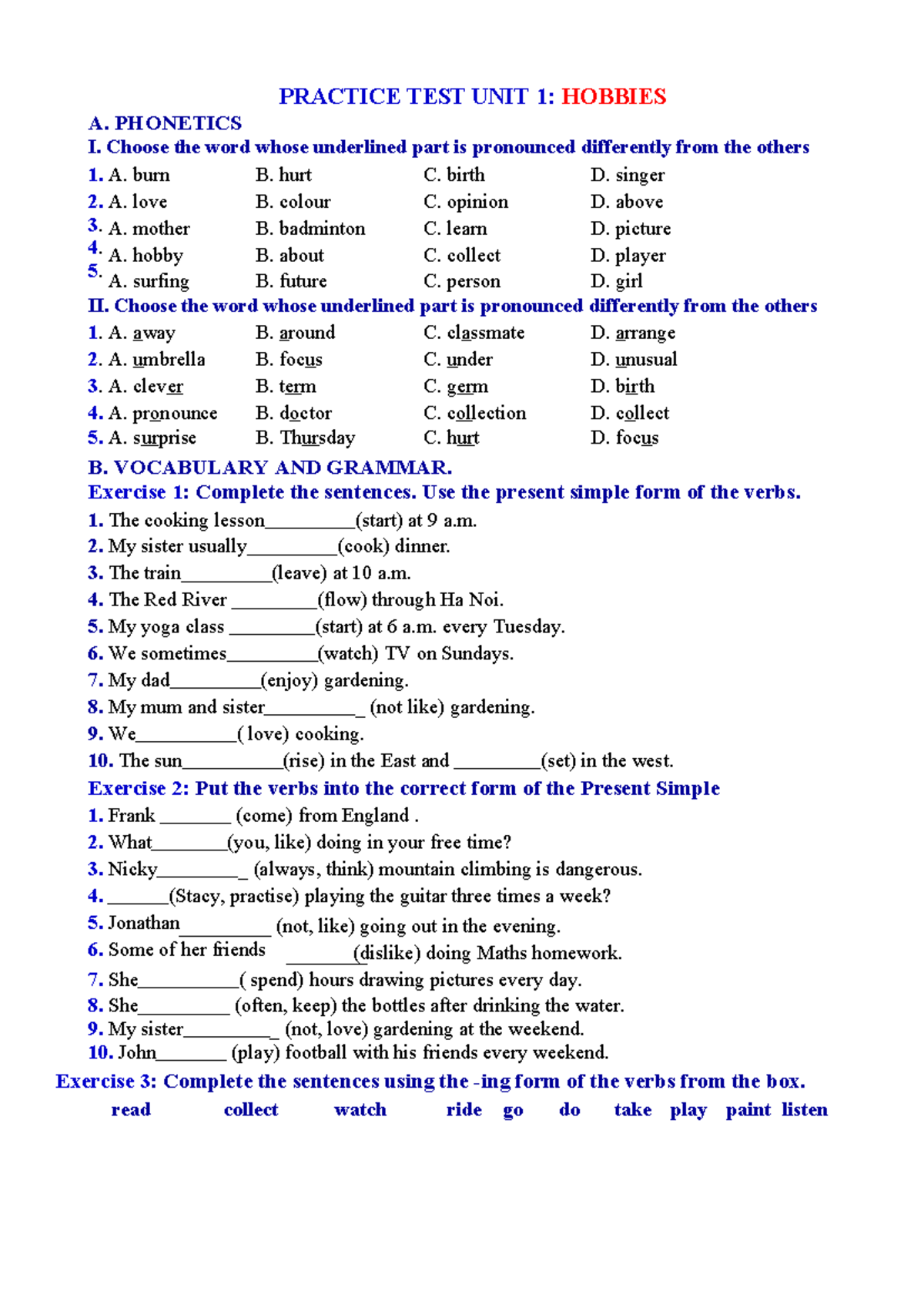 Practice Test Unit 1: Hobbies Review and Exercises (HK1) - Studocu