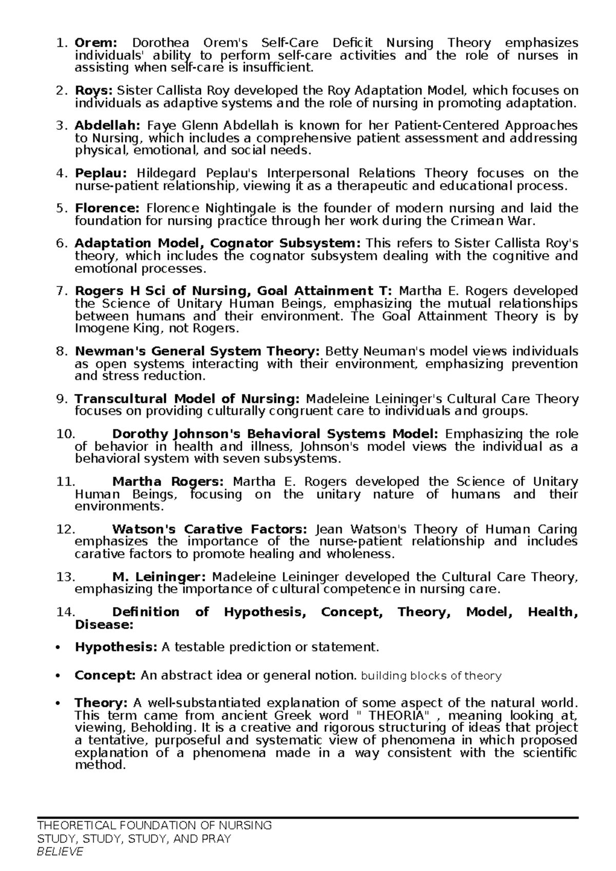 TFN - Overview of Prominent Nursing Theorists and Their Models - Studocu